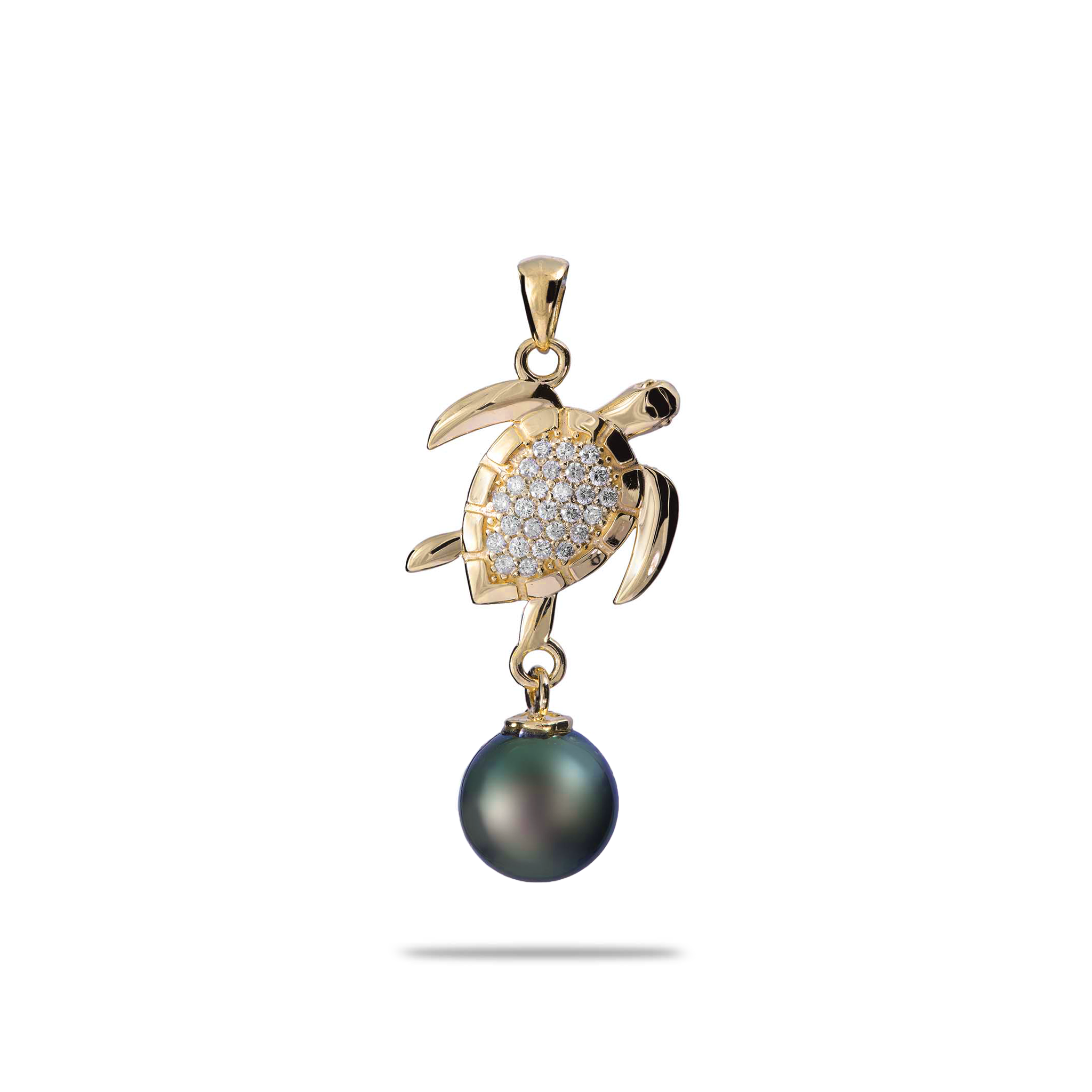 オーシャンダンスホン（ウミガメ）ダイヤモンドと金のタヒチの黒真珠ペンダント -  9-10mm