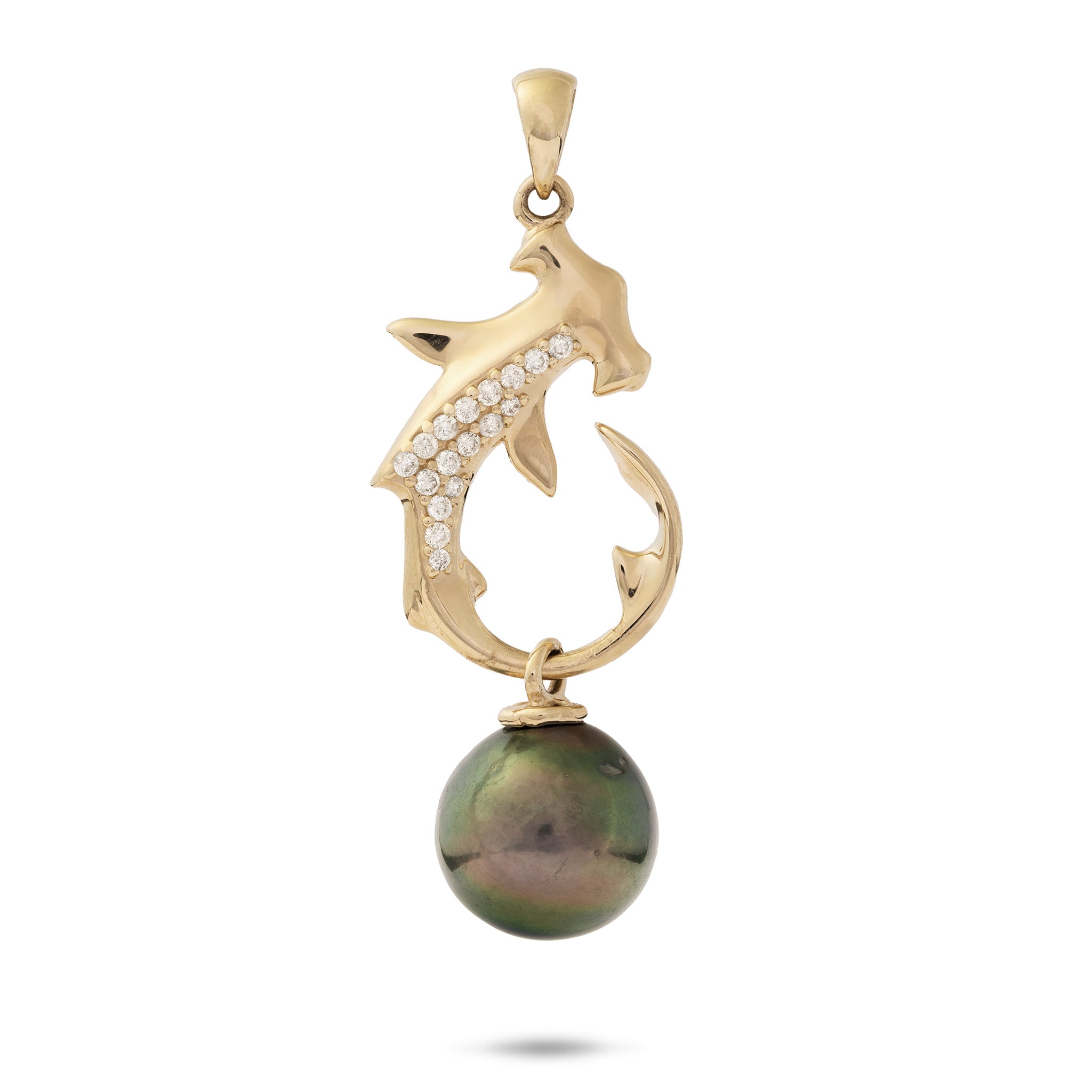 Ocean Dance Hammerhead Shark Tahitian Black Pearl Pendant in Gold with Diamonds