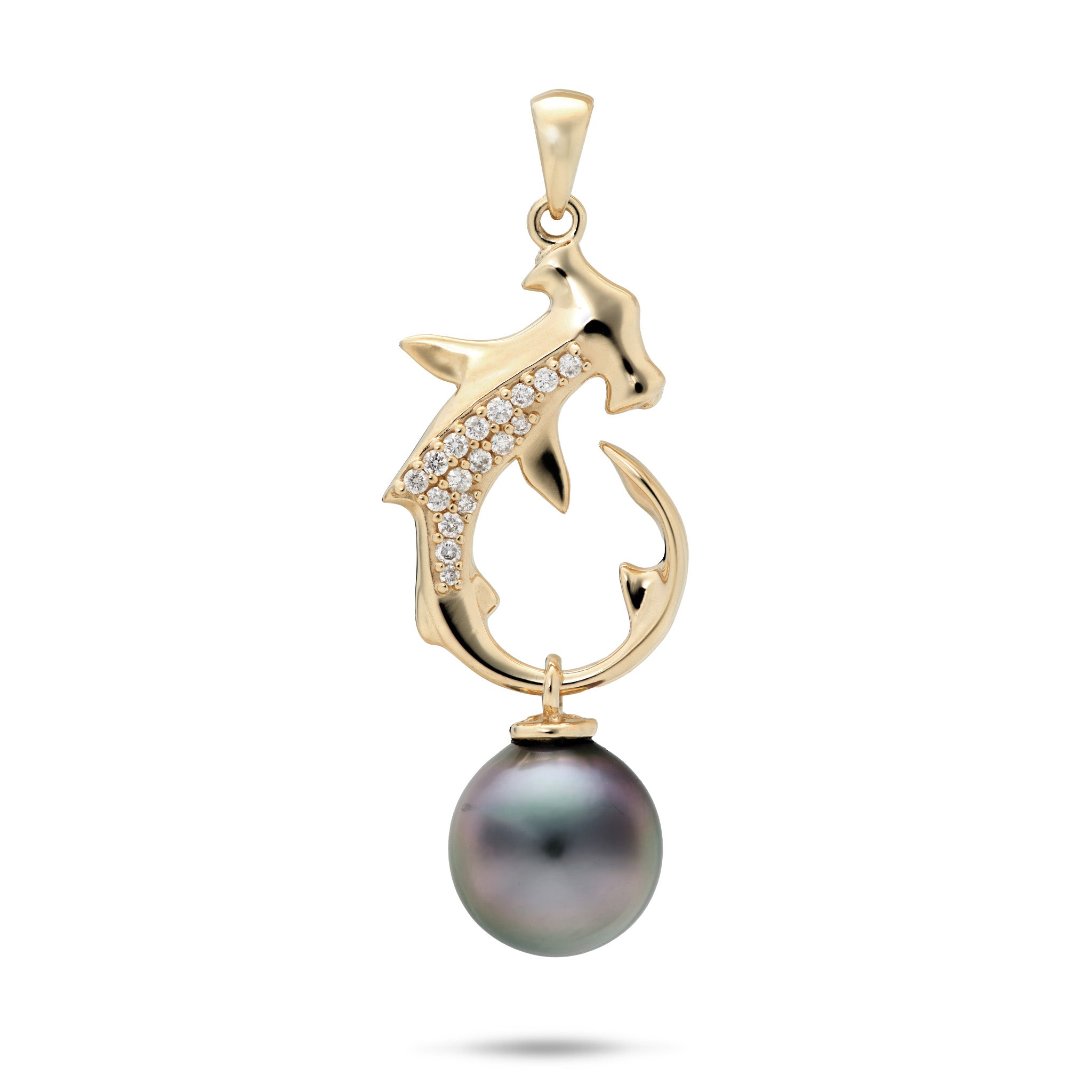 Ocean Dance Hammerhead Shark 9-10mm Tahitian Black Pearl Pendant in Gold with Diamonds on a white background