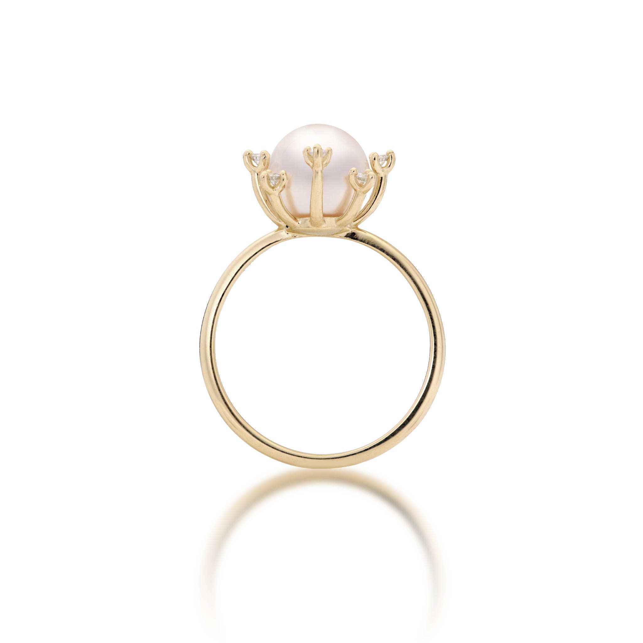 Protea Flower Akoya White Pearl Ring in Yellow Gold with Diamonds