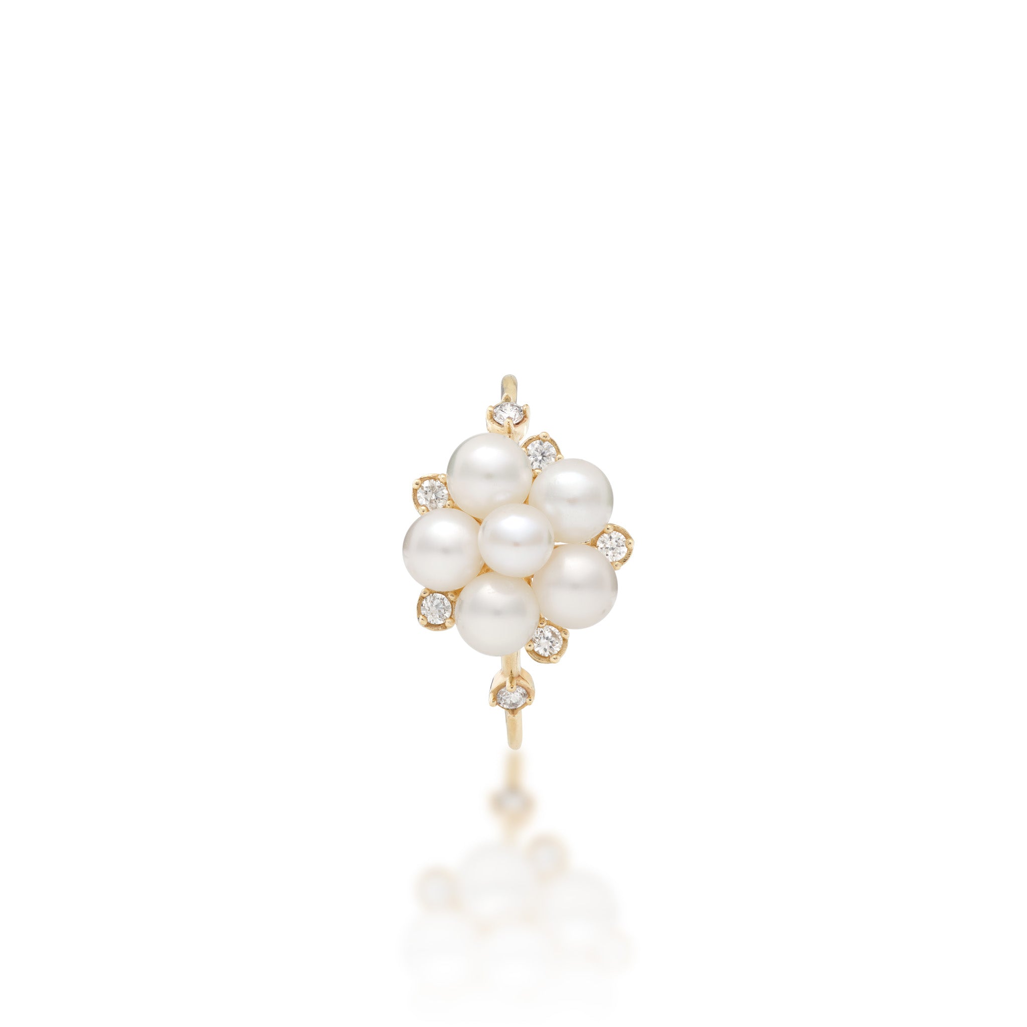 Top view of a Tiny Bubbles 3-5mm Freshwater White Pearl Ring in 14k Yellow Gold with Diamonds on a white background