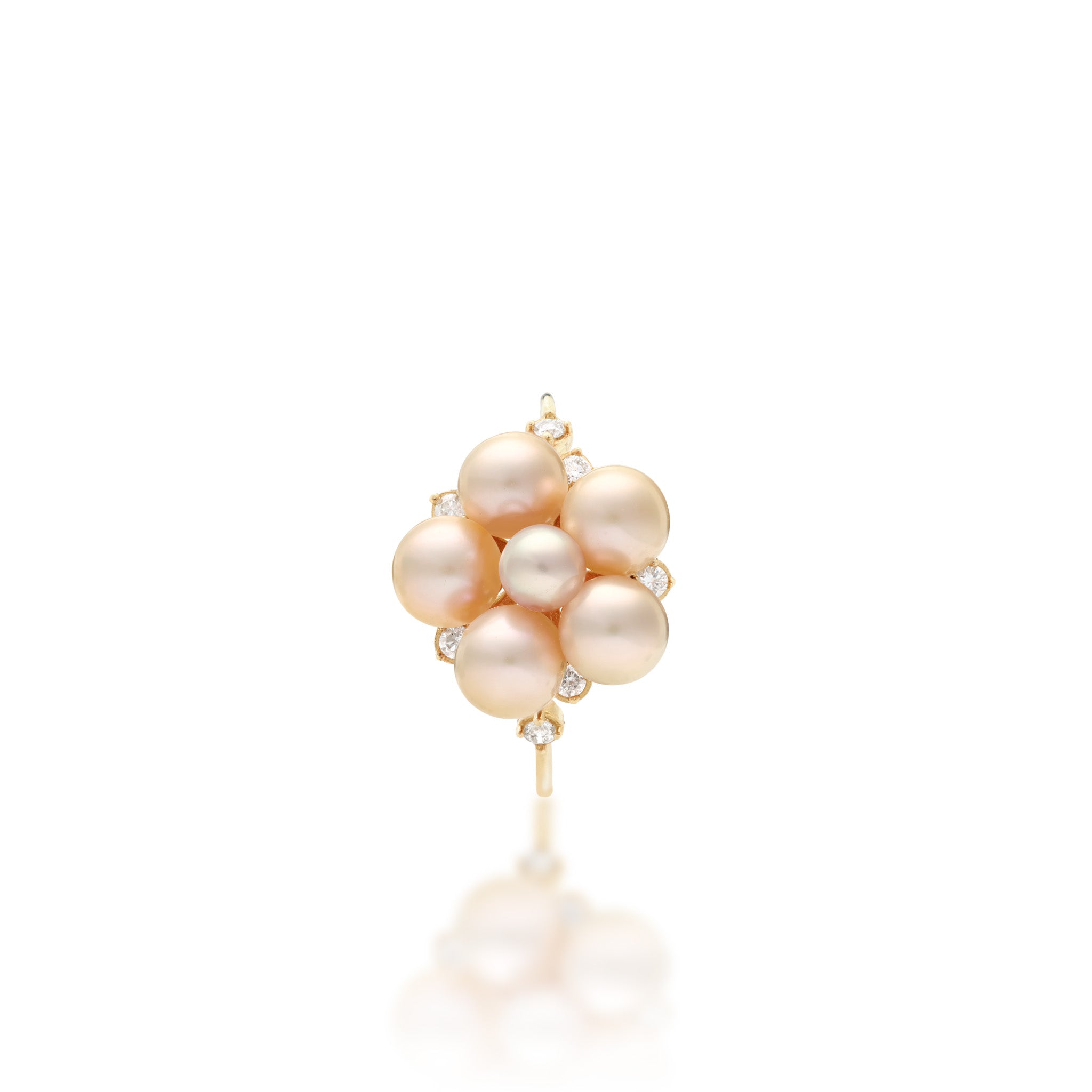 Top view of a Tiny Bubbles 3-5mm Freshwater Peach Pearl Ring in 14k Yellow Gold with Diamonds on a white background