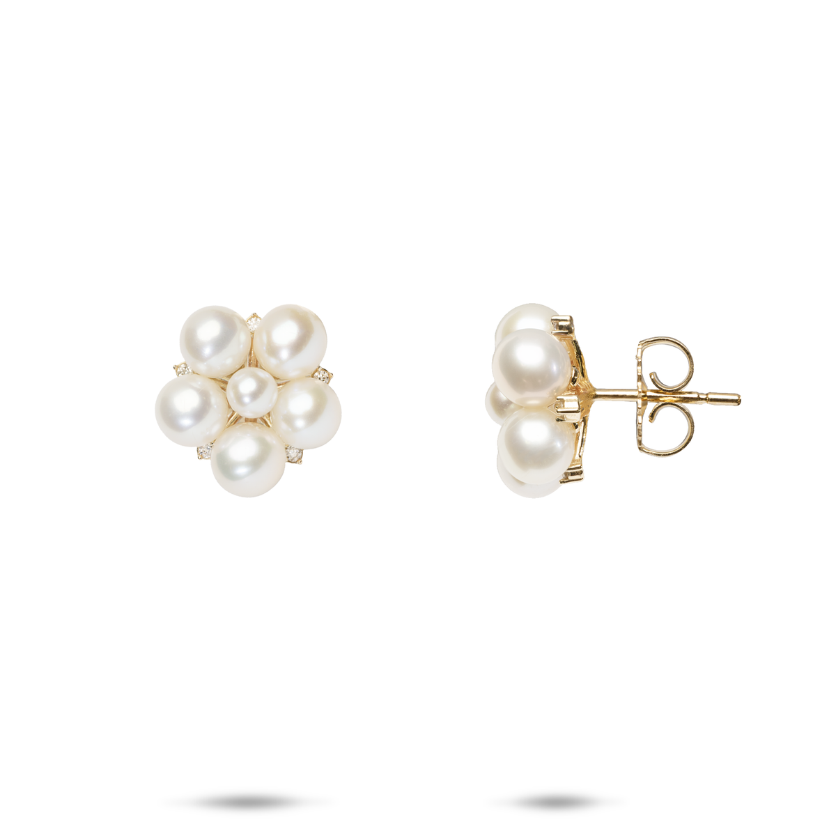 Tiny Bubbles White Freshwater Pearl Diamond Stud Earrings in Gold