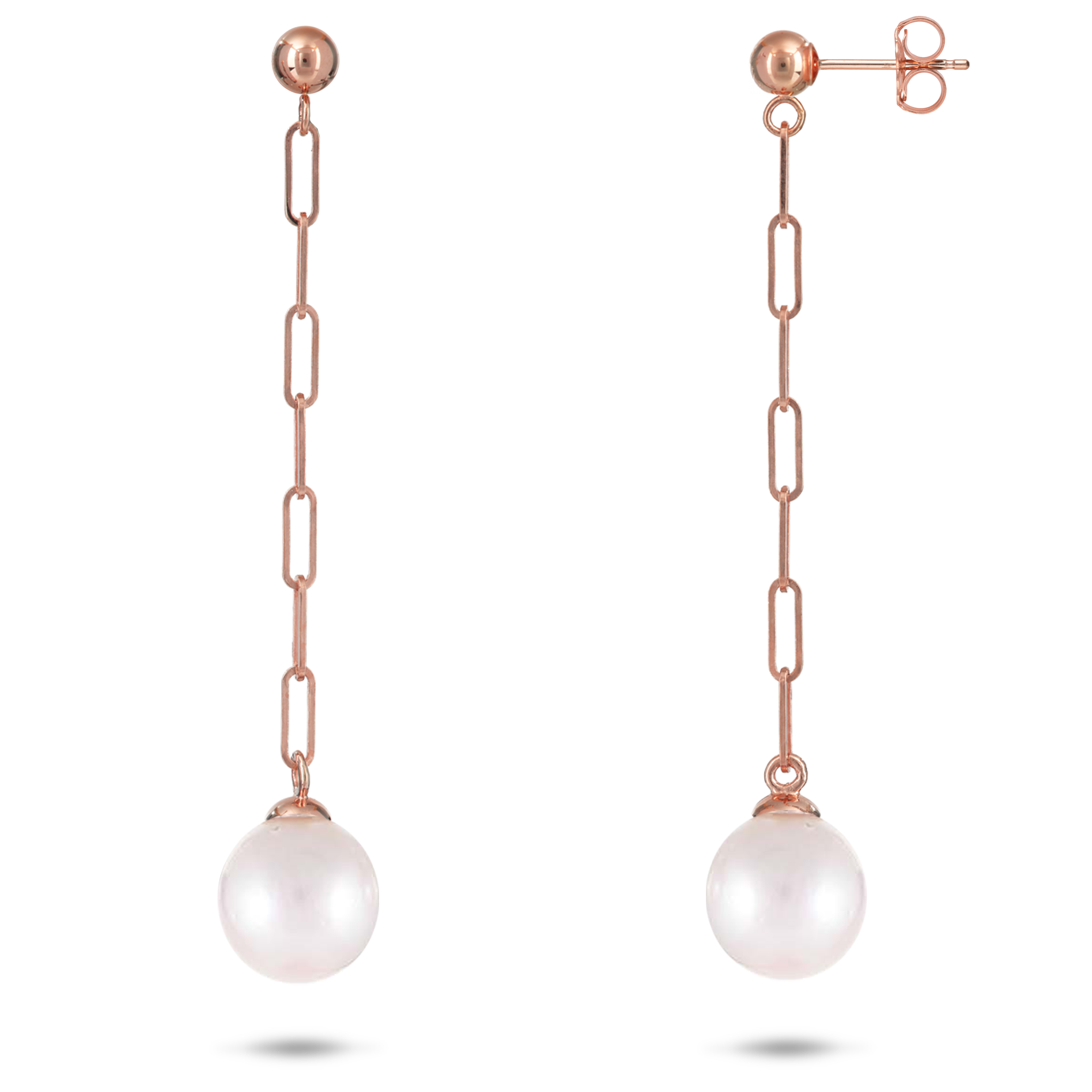 8mm Akoya White Pearl Paperclip Chain Earrings in Rose Gold