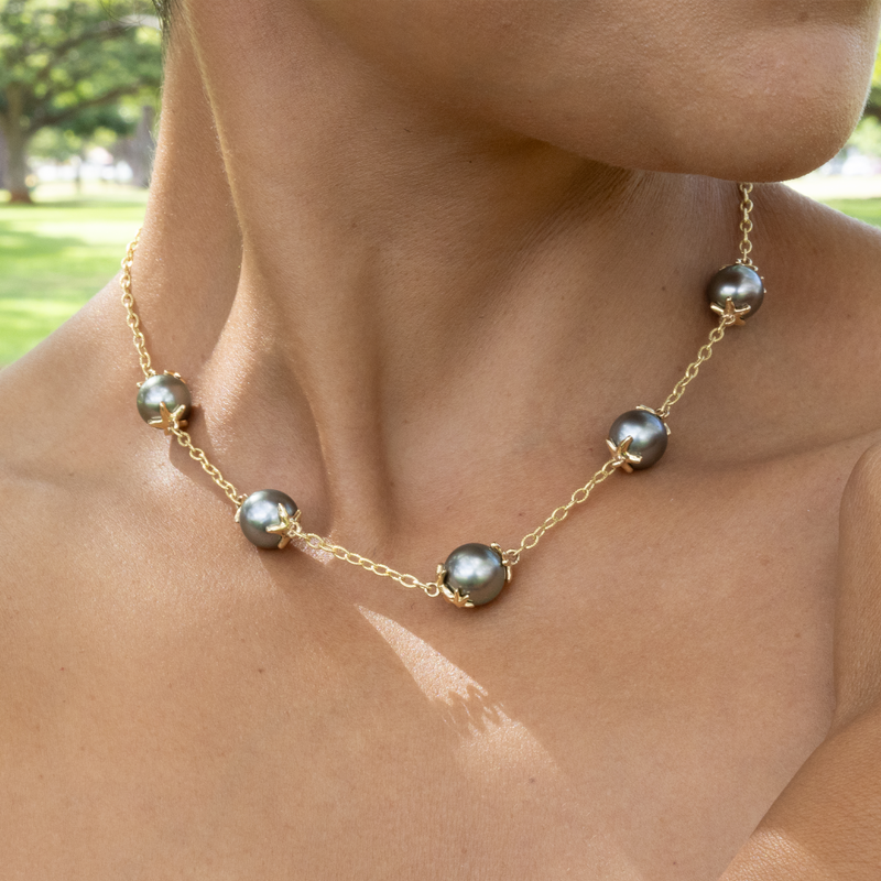 16-22 "Réefs réglables Collier de perles noires tahitiennes en or - 10-11 mm