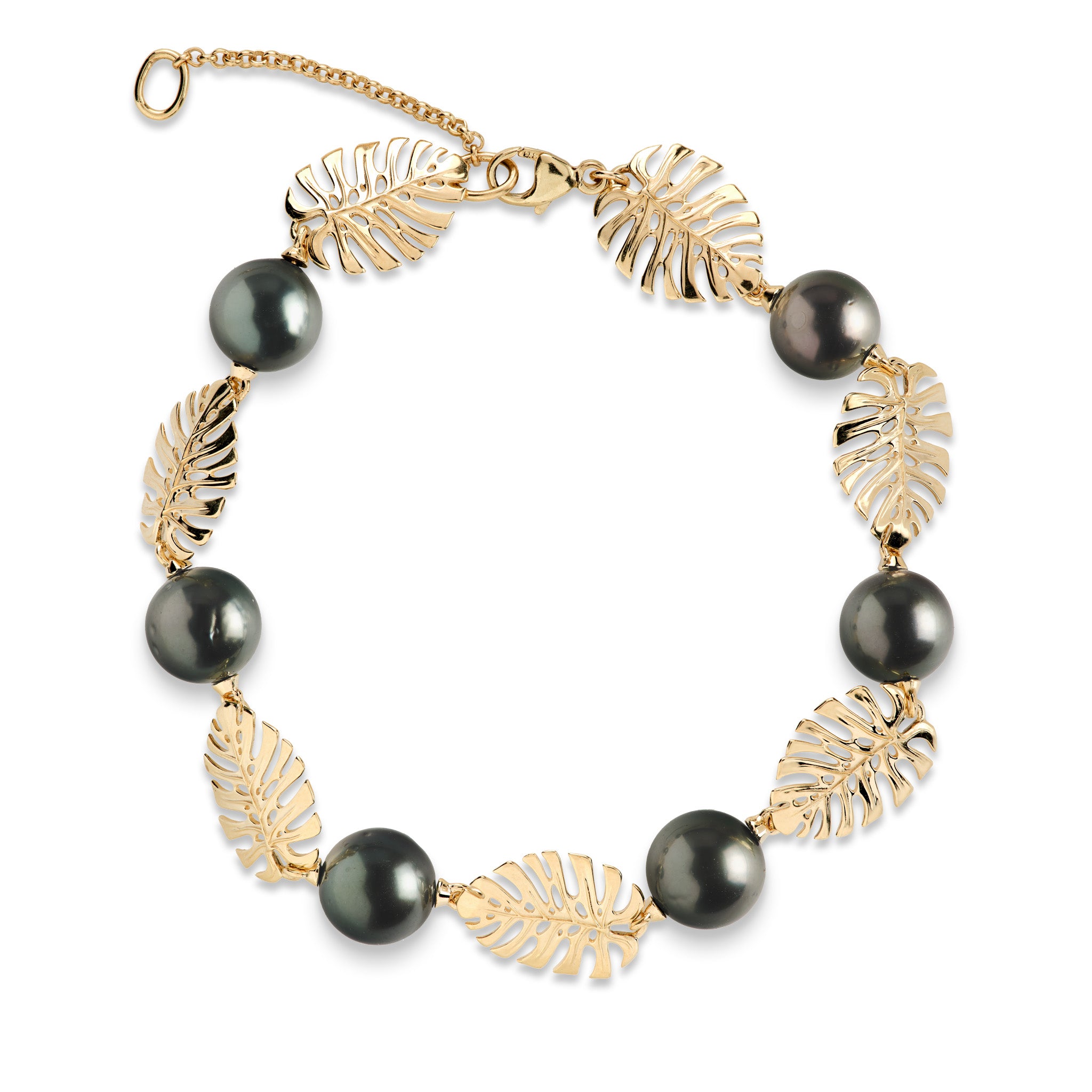 Top view of the Monstera Tahitian Black Pearl Bracelet in 14k Yellow Gold on a White Background