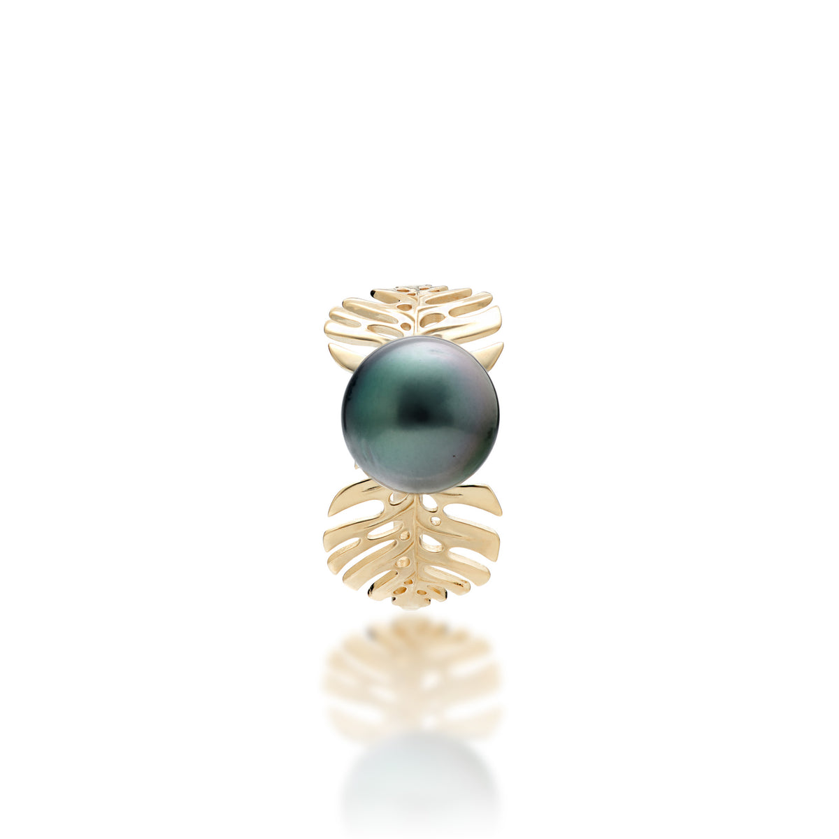 Top view of the Monstera Tahitian Black Pearl Ring in 14k Yellow Gold on a White Background
