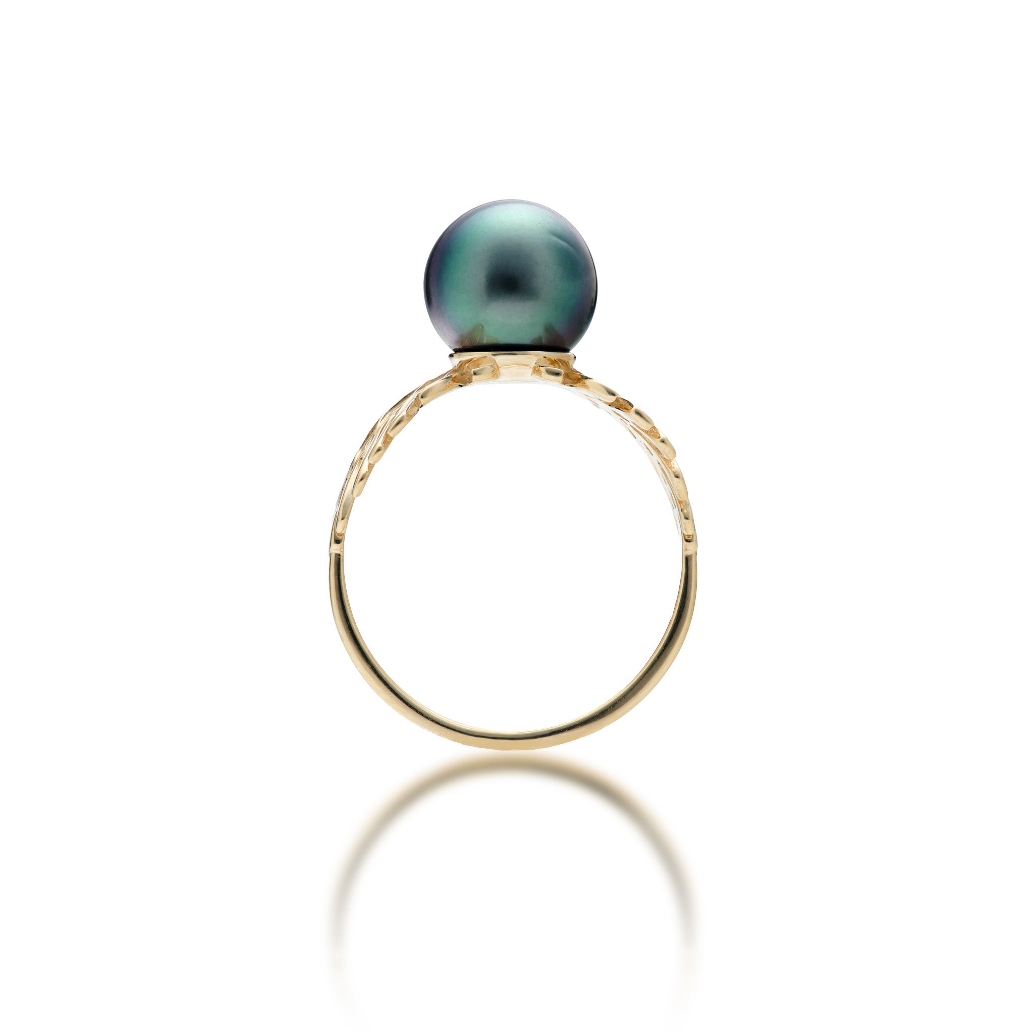 Monstera Tahitian Black Pearl Ring in Gold - 8-9mm