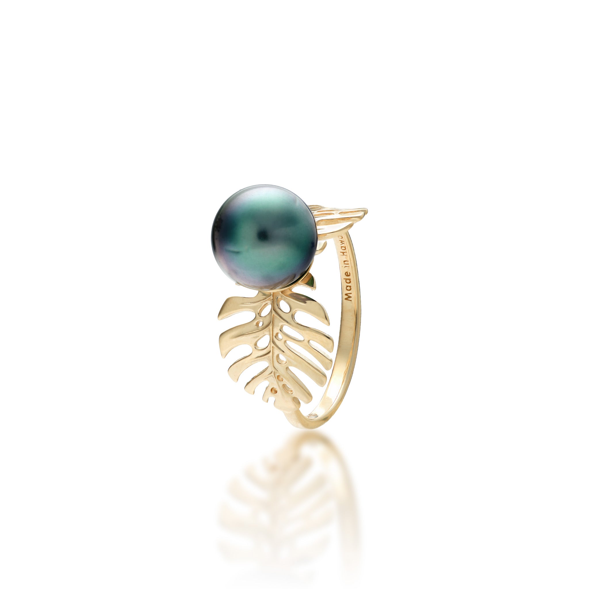 Monstera Tahitian Black Pearl Ring in 14k Yellow Gold on a White Background