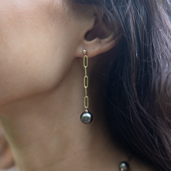 Tahitian Black Pearl Paperclip Chain Earrings in Gold - 10-11mm