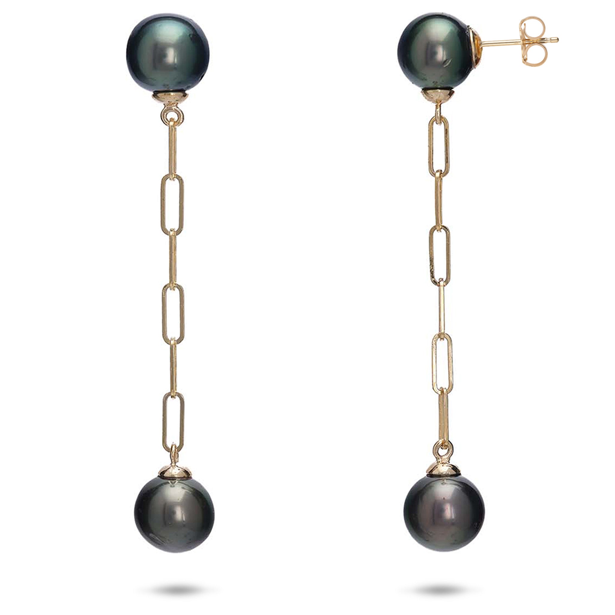 Tahitian Black Pearl Paperclip Chain Stud Earrings in Gold - 9-11mm