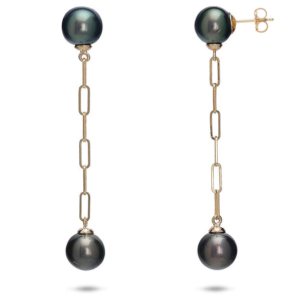 Tahitian Black Pearl Paperclip Chain Stud Earrings in Gold - 9-11mm