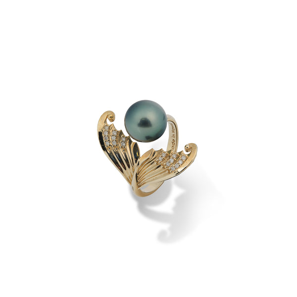 Mond-Meerjungfrau-Tahiti-Schwarzperlen-Ring in Gold mit Diamanten – 9–10 mm