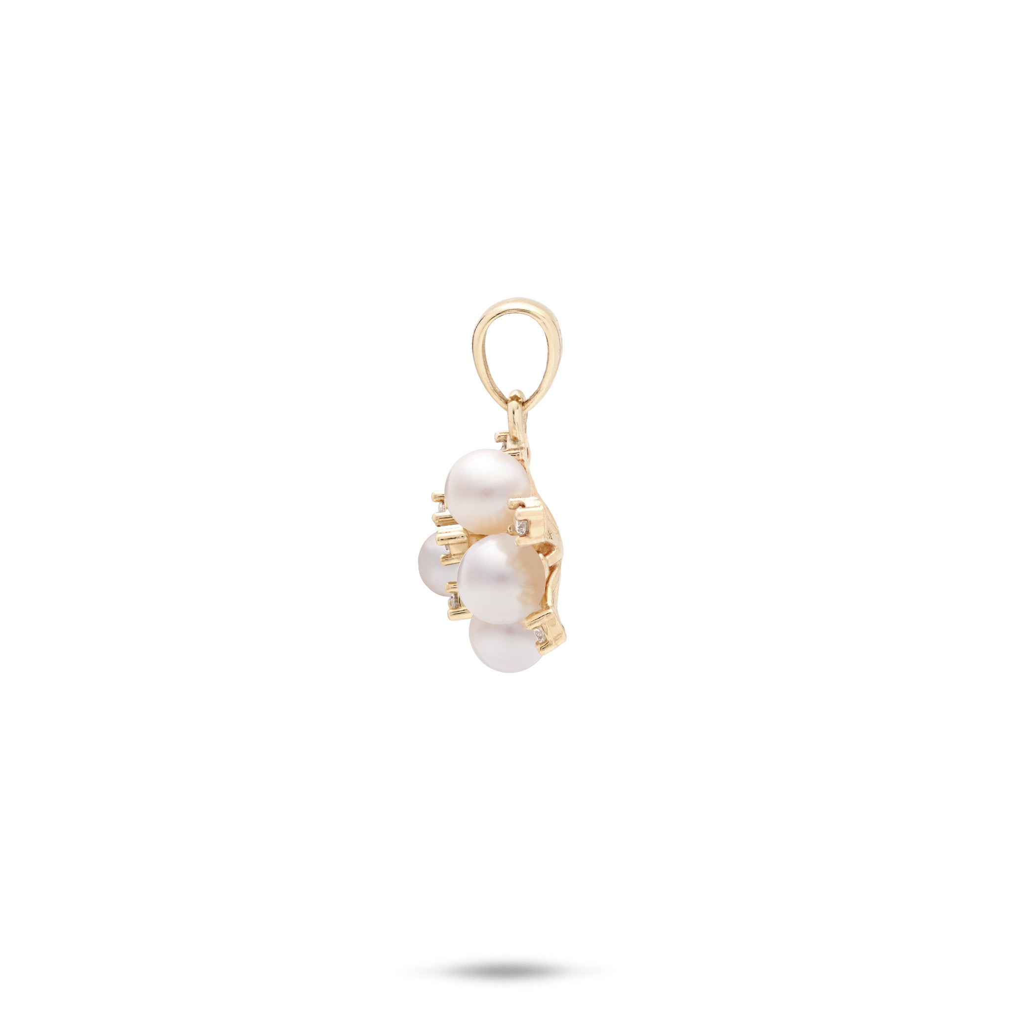 Side profile view of the Tiny Bubbles Collection Freshwater White Pearl Pendant in 14k Yellow Gold with Diamonds on a white background