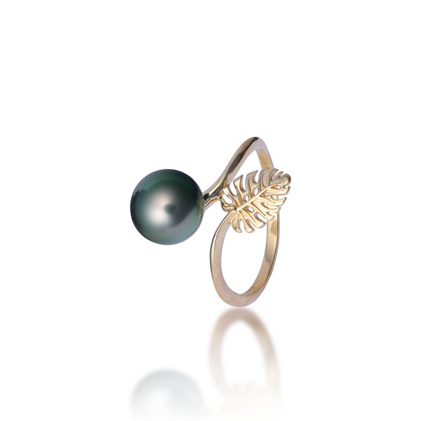 Monstera Tahitian Black Pearl Ring in Gold - 8-9mm