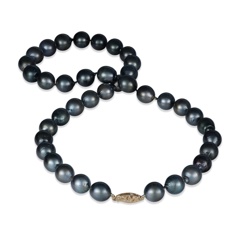 23-25 ​​"Tahitianer schwarzer Perlenstrang mit Goldverschluss-12-14 mm