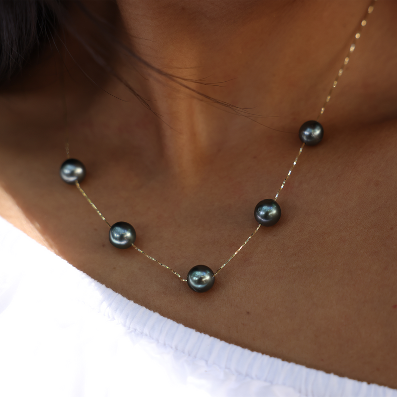 18 "Tahitian Black Floating Perlenkette in Gold - 9-10 mm