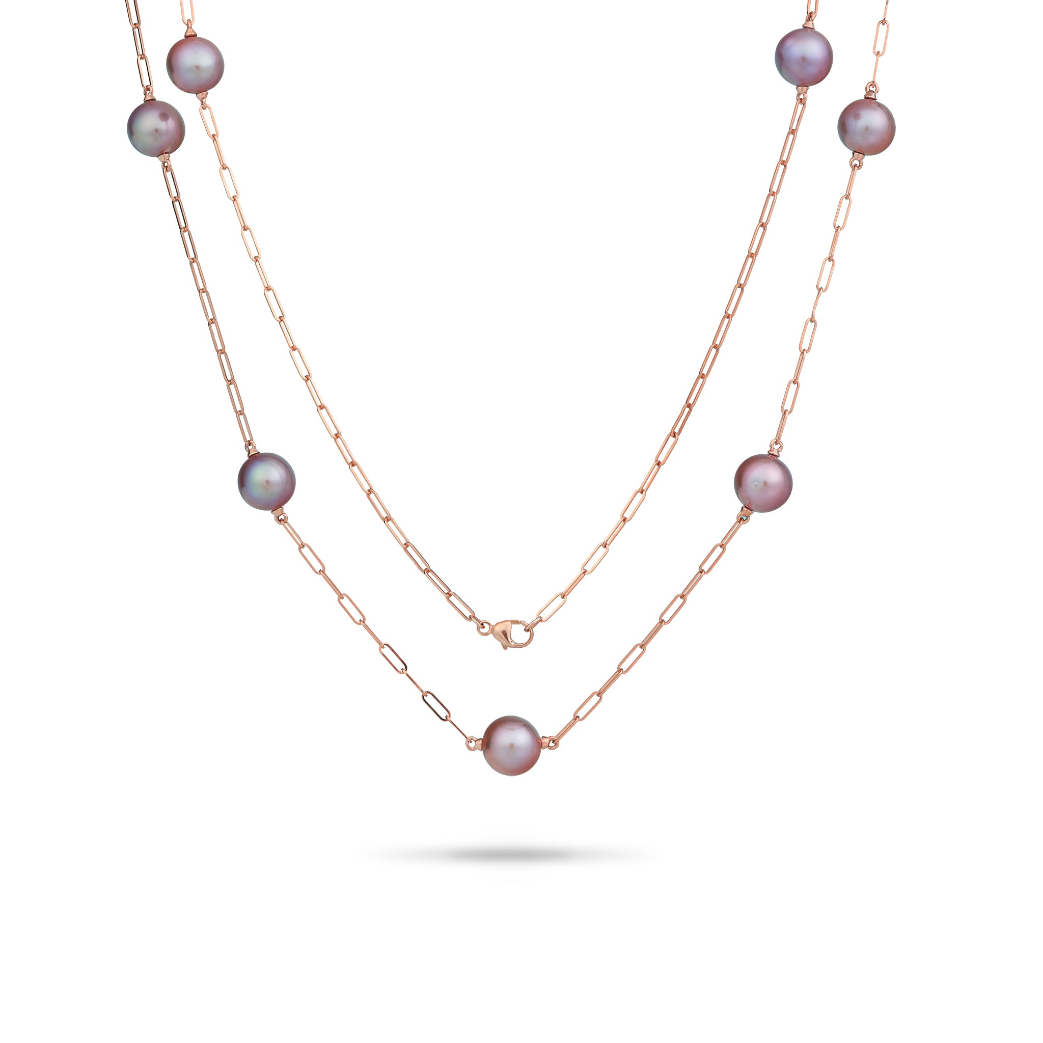 Adjustable 24" Ultraviolet Freshwater Pearl Paperclip Chain Necklace in Rose Gold