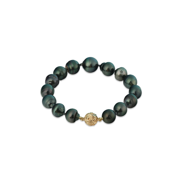 Bracelet de perles noires de Tahiti de 7 à 8 po avec fermoir magnétique en or - 10 à 12 mm