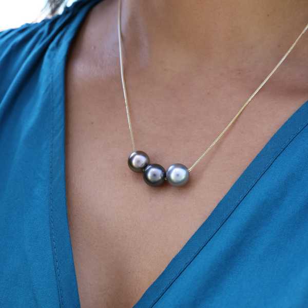 16-18 "Verstellbare tahitianische schwarze schwarze Perlenkette in Gold-14-15 mm