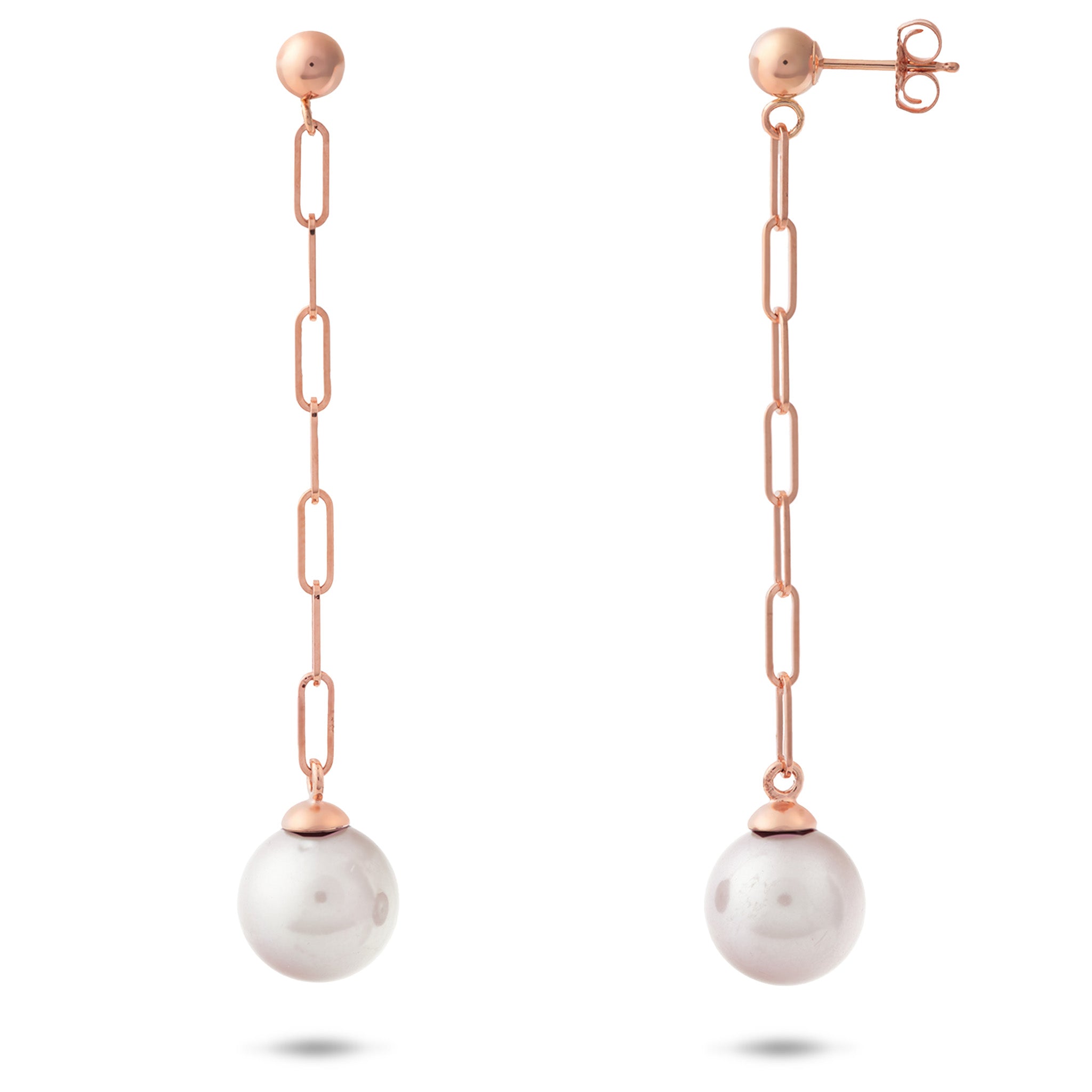 8mm Akoya White Pearl Paperclip Chain Dangle Ball-Post Earrings in 14k Rose Gold