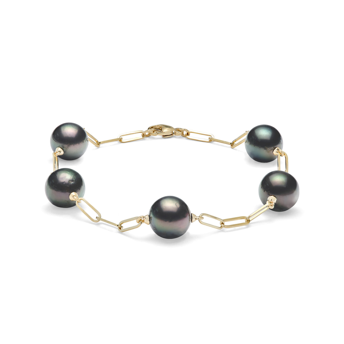 A 14k yellow gold paperclip chain bracelet with Tahitian black pearls, shown on a white background