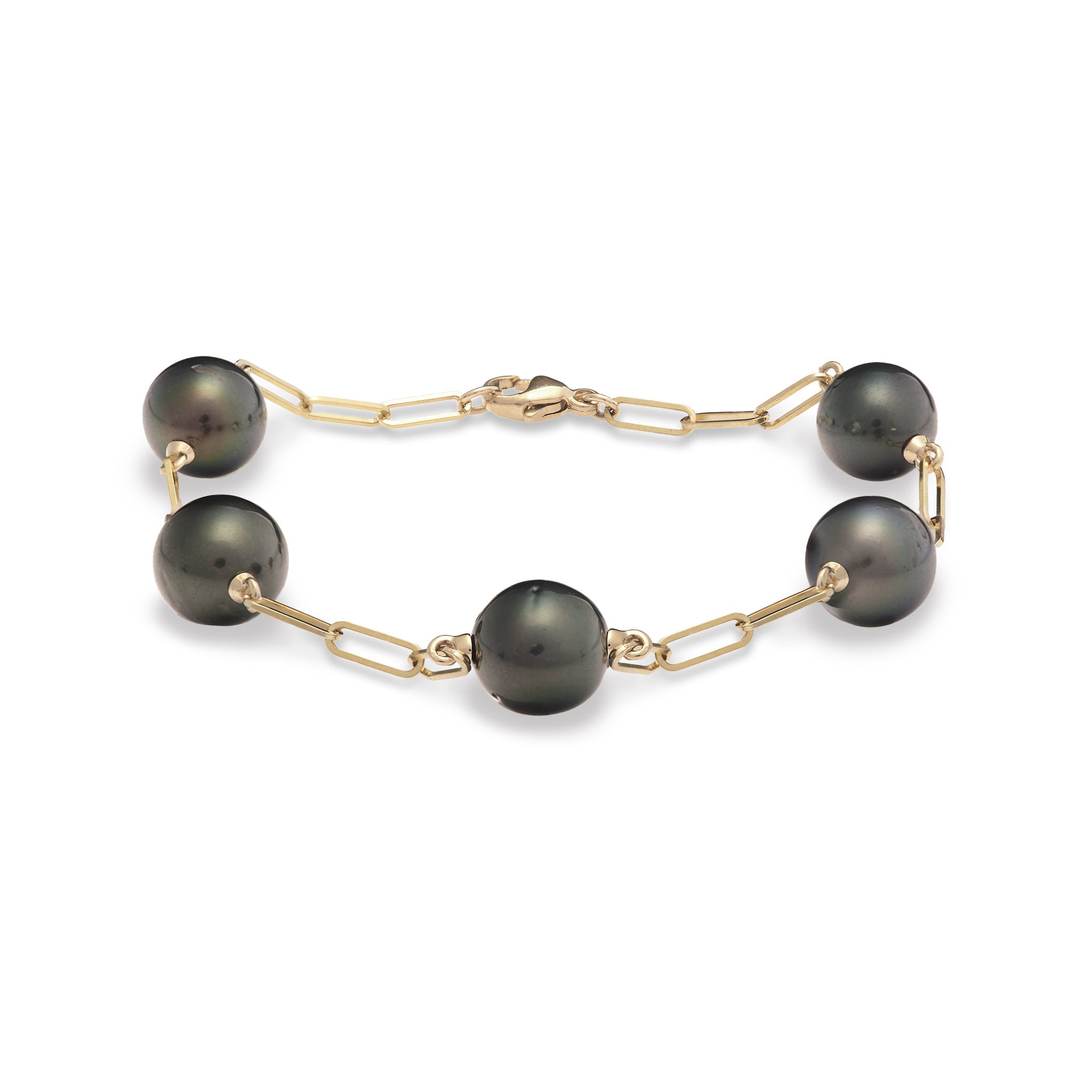 7.5-8" Paperclip Chain Tahitian Black Pearl Bracelet in Gold - 9-10mm