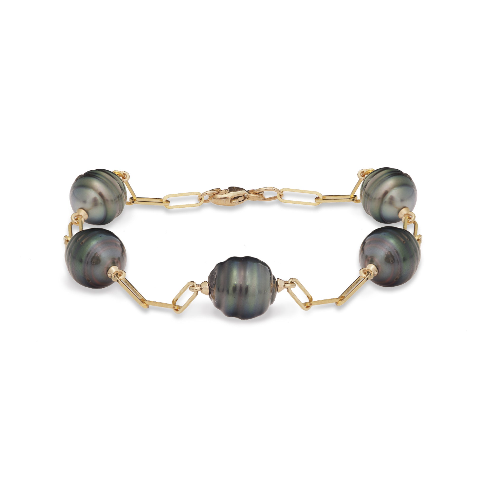 Paperclip Chain Tahitian Black Pearl Bracelet in Gold