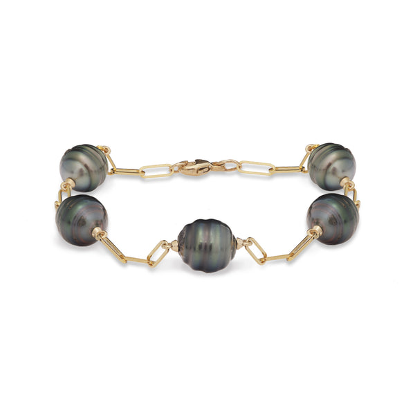 Paperclip Chain Tahitian Black Pearl Bracelet in Gold