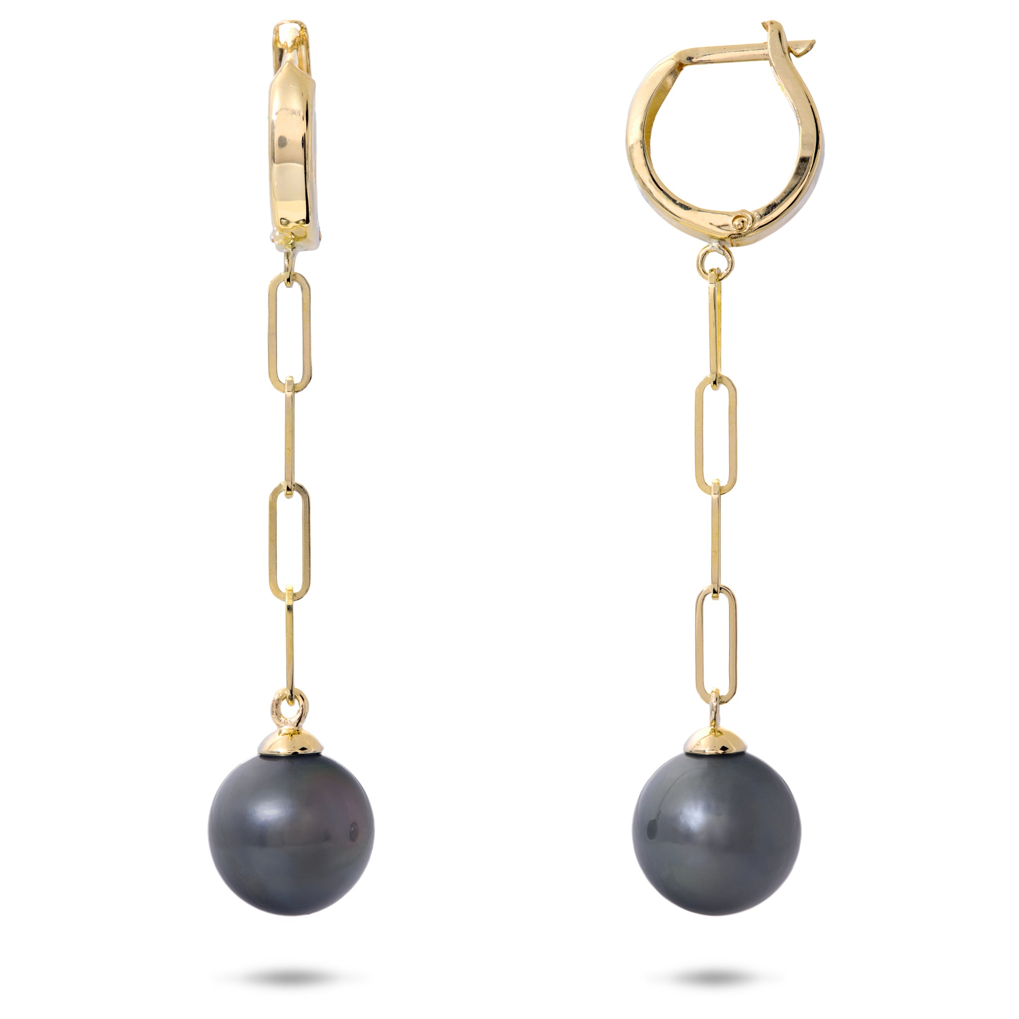 Tahitian Black Pearl Paperclip Chain French Clip Earrings in Gold