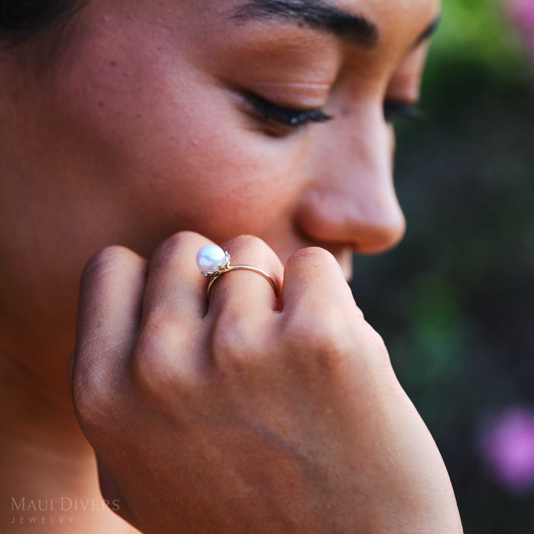 Hawaiian Quilted Star Akoya White Pearl Ring in Gold with