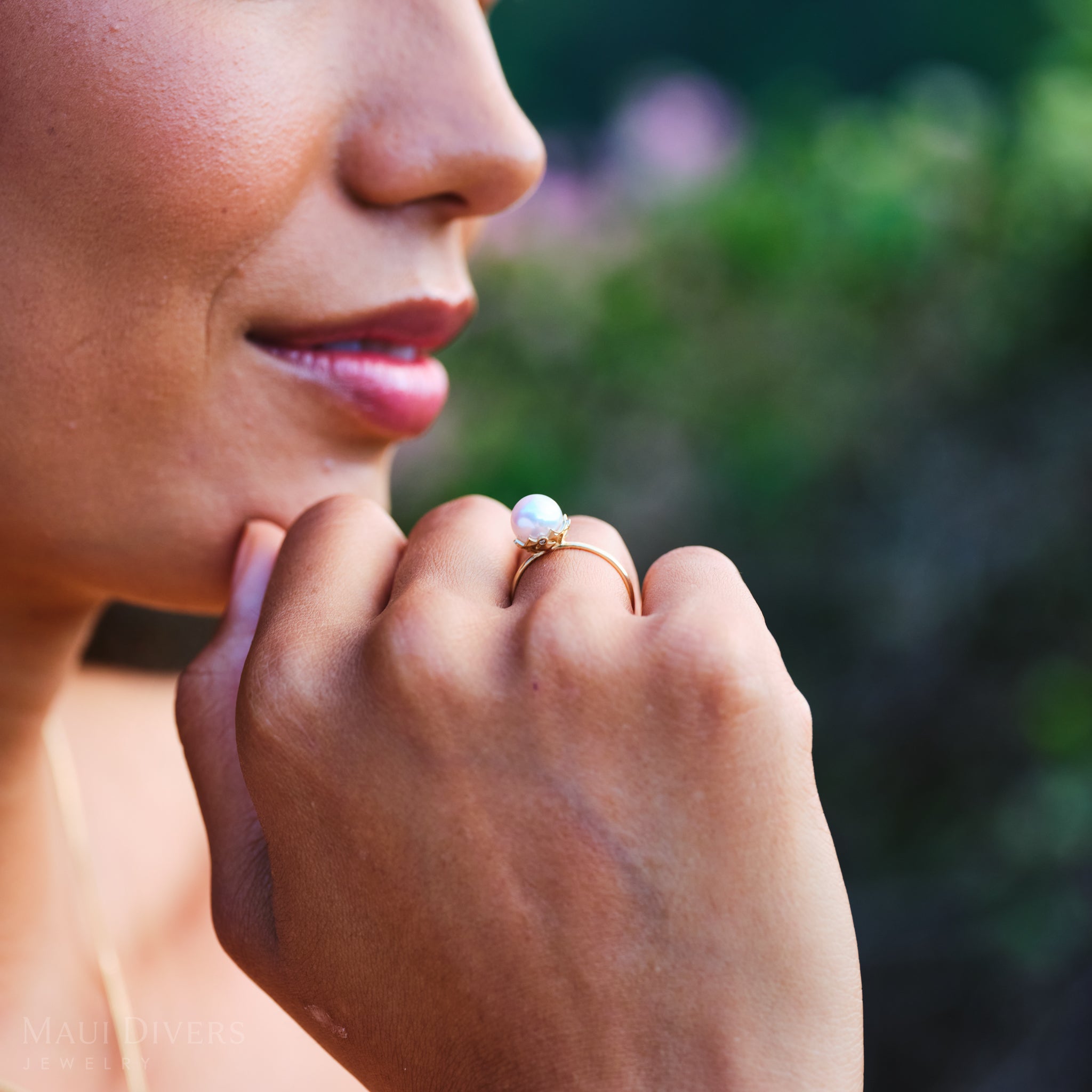 Hawaiian Quilted Star Akoya White Pearl Ring in Gold with Diamonds