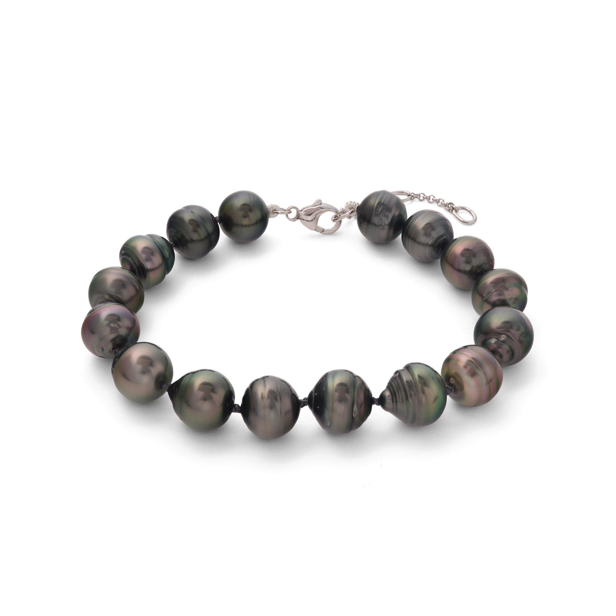 7.5-9" Adjustable Tahitian Black Pearl Bracelet in White Gold - 10-12mm
