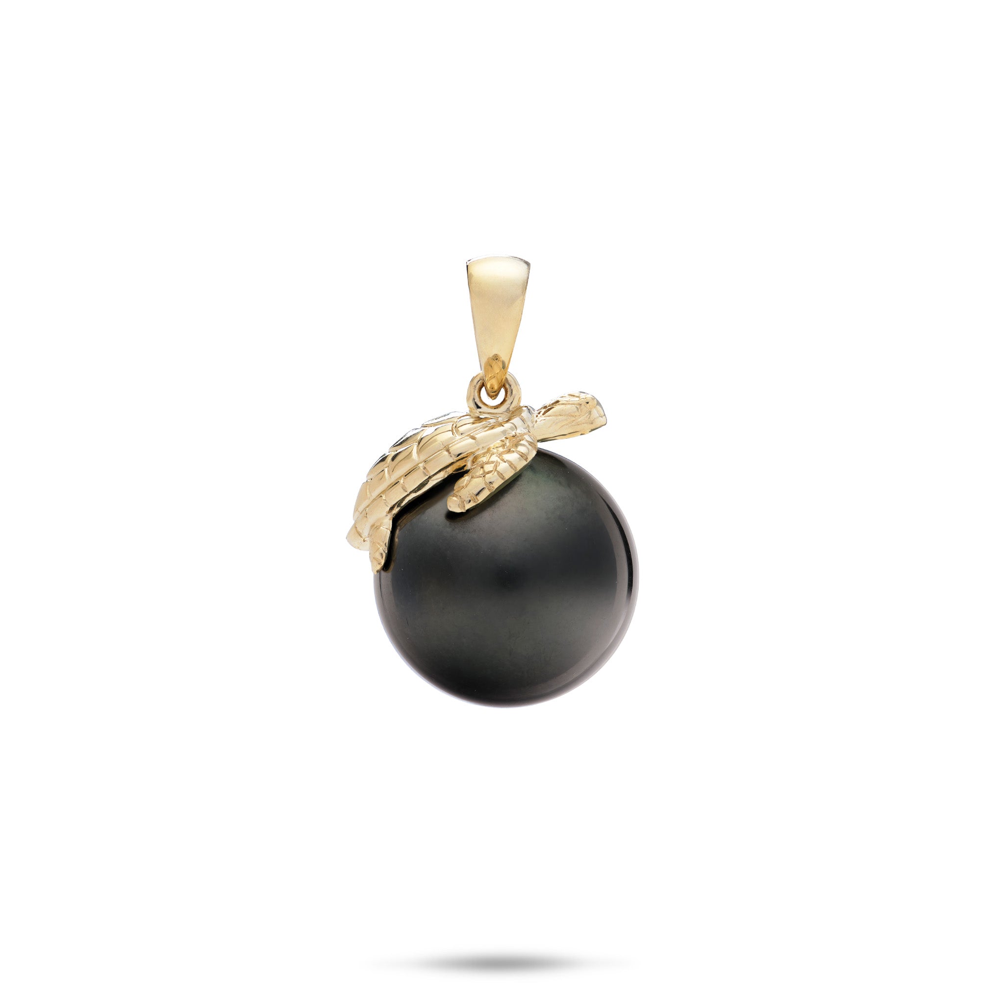 Honu (Sea Turtle) 13-14mm Tahitian black pearl pendant in 14k yellow gold on a white background