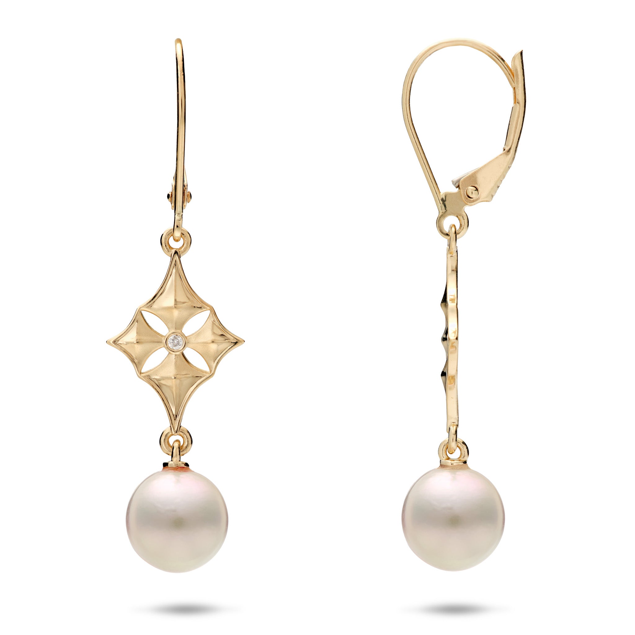 Hawaiian Quilted Star Akoya White Pearl Leverback Earrings in 14k Yellow Gold on a White Background