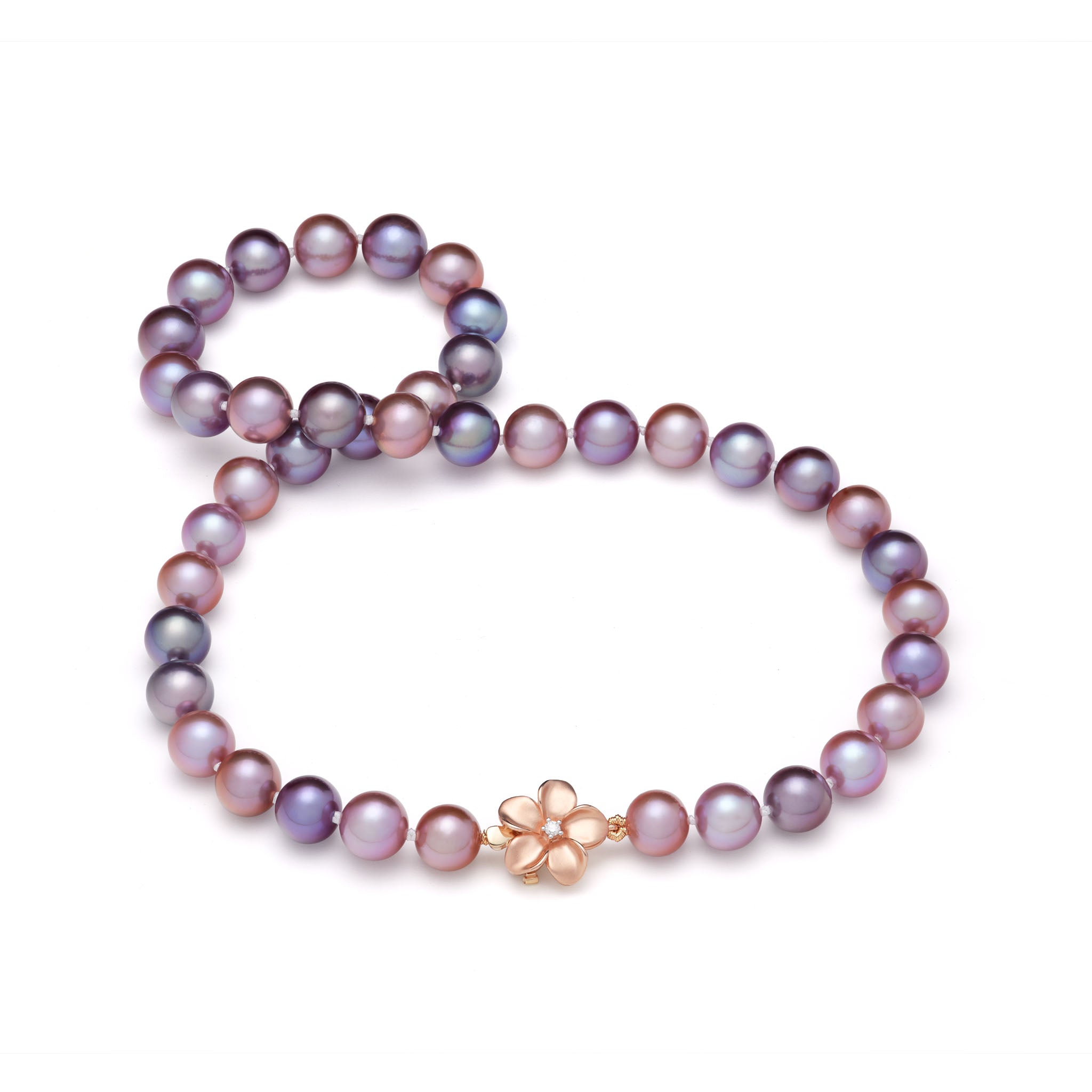 18.5" Freshwater Pearl Strand with Diamond Plumeria Clasp in Rose Gold - 9-13mm