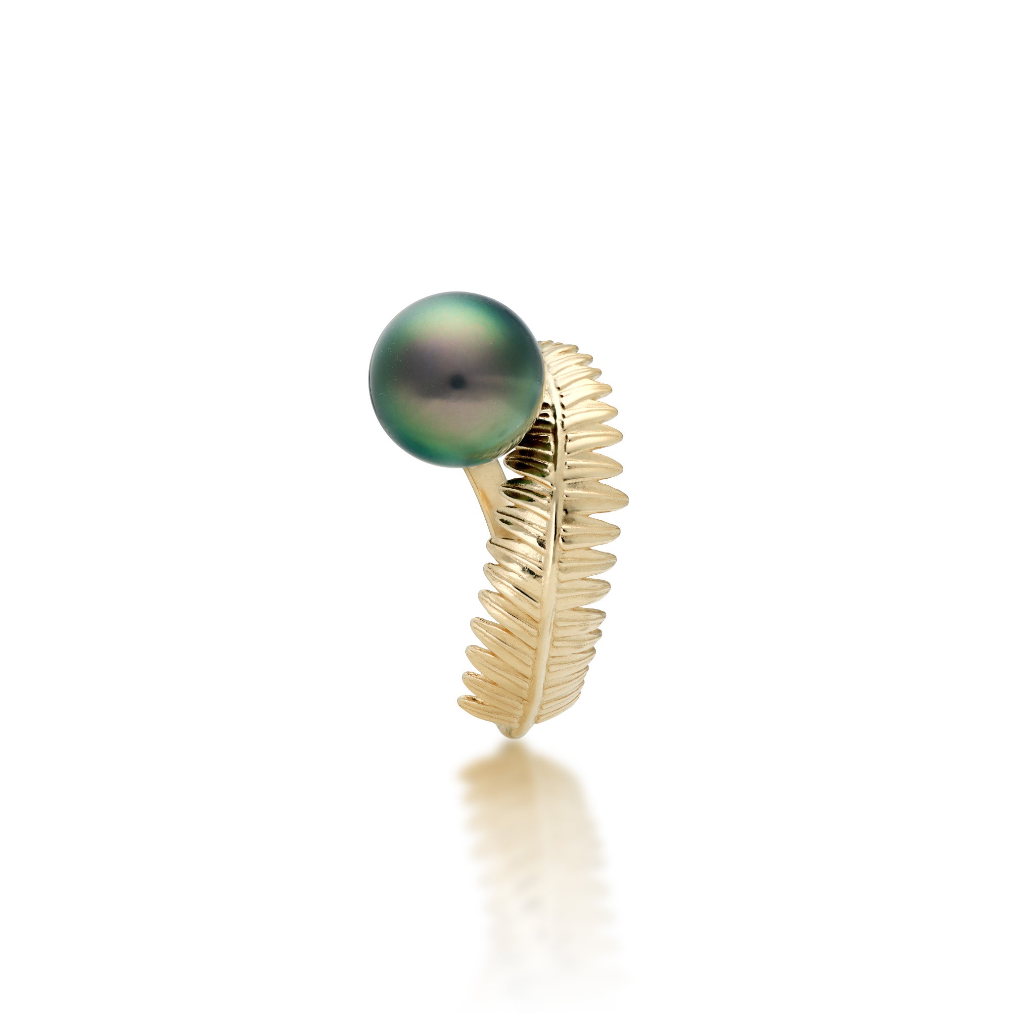 Side view of the Kupukupu Fern Tahitian Black Pearl Bypass Ring in 14k Yellow Gold on a white background