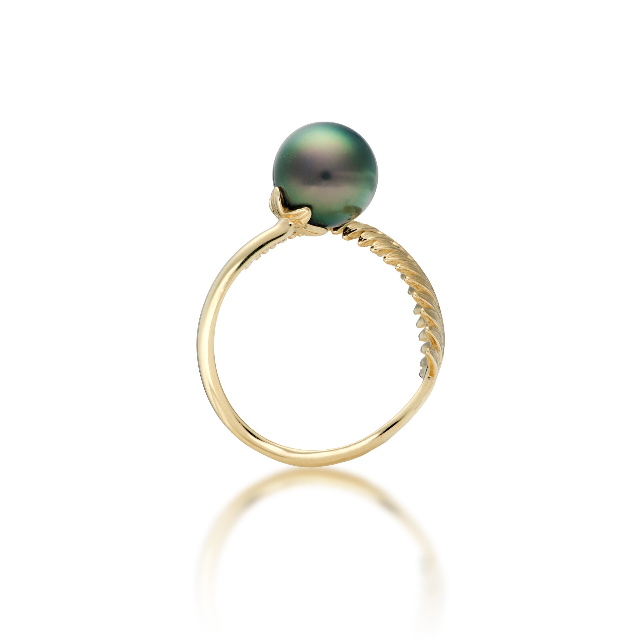 Side view of the Kupukupu Fern Tahitian Black Pearl Bypass Ring in 14k Yellow Gold on a white background