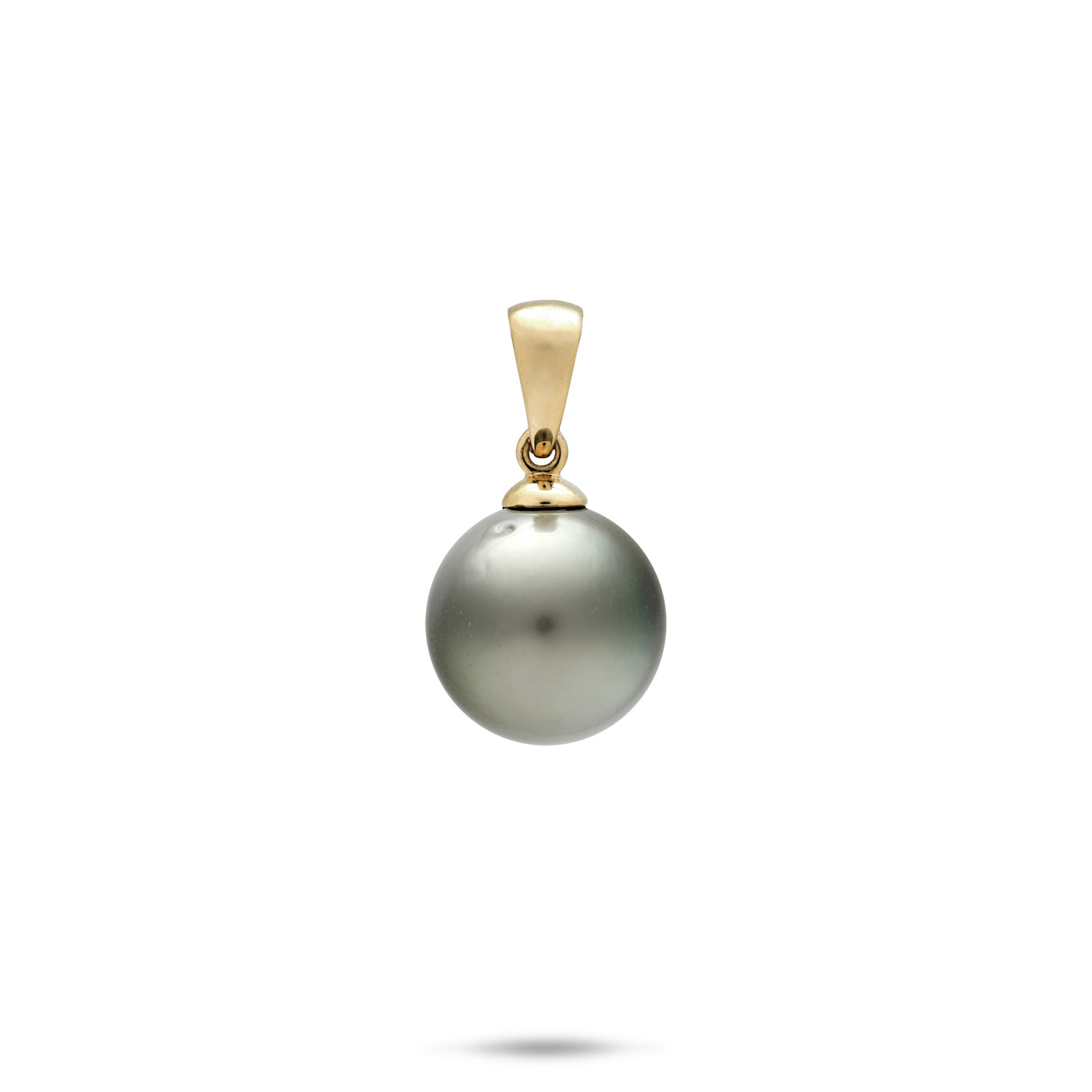 A 11-12mm Round Tahitian Black Pearl Pendant with a simple high-polish 14k yellow gold bail, shown on a white background