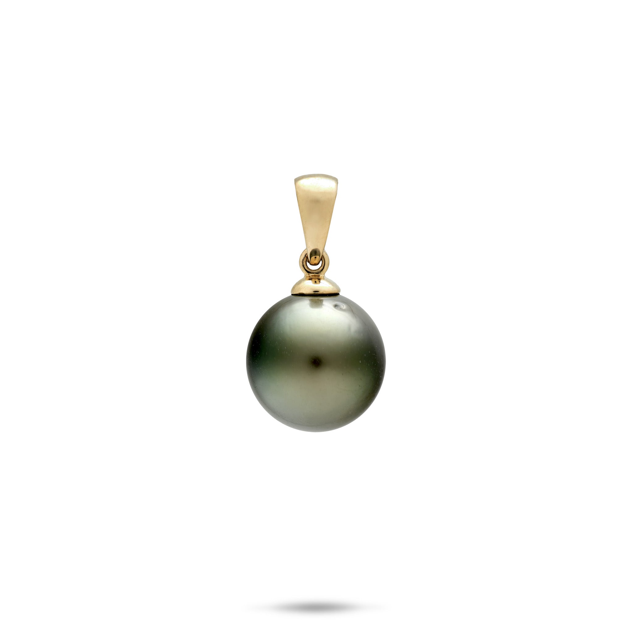 A 11-12mm Round Tahitian Black Pearl Pendant with a simple high-polish 14k yellow gold bail, shown on a white background