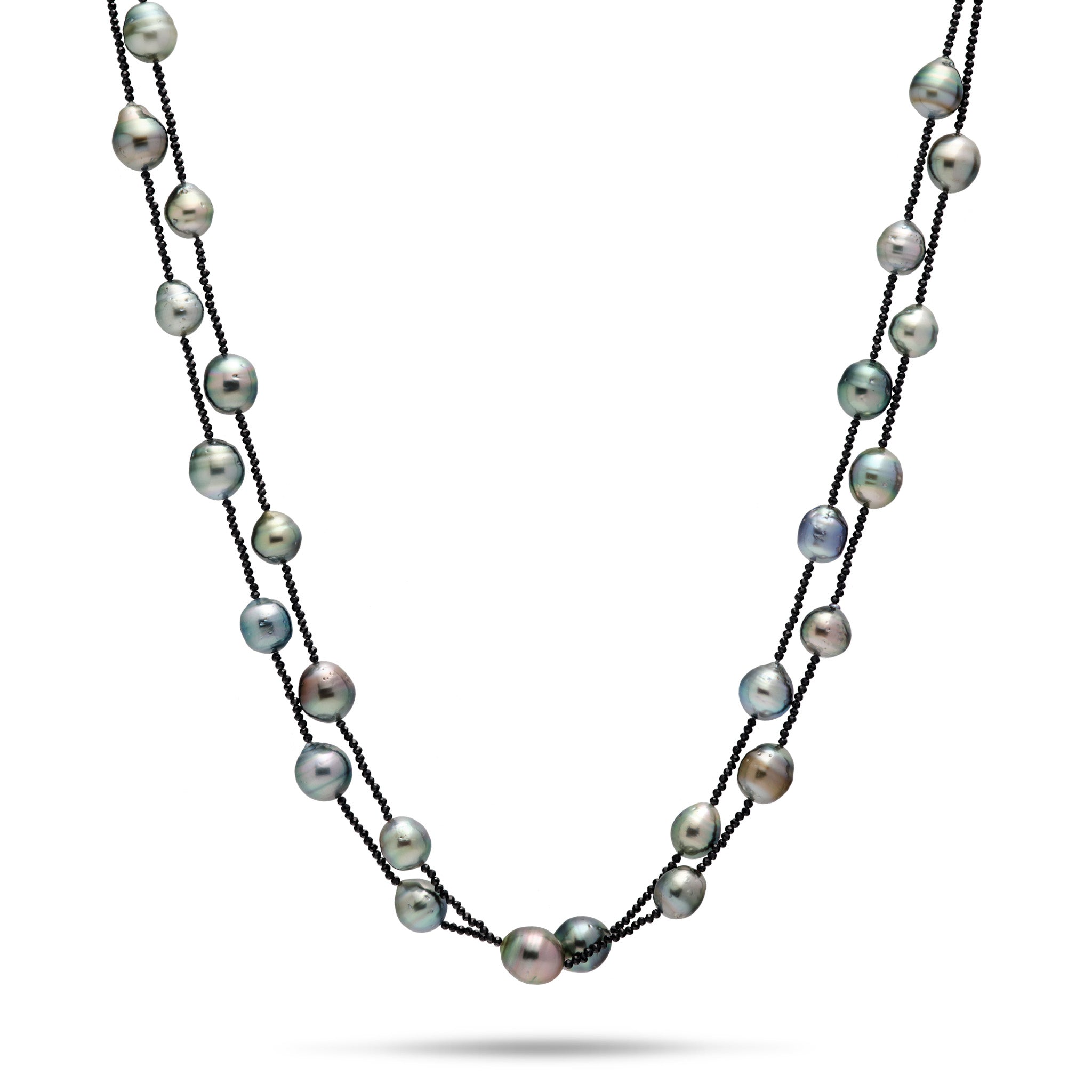 18-20" Tahitian Black Pearl and Black Spinel Double Layer Necklace on a white background
