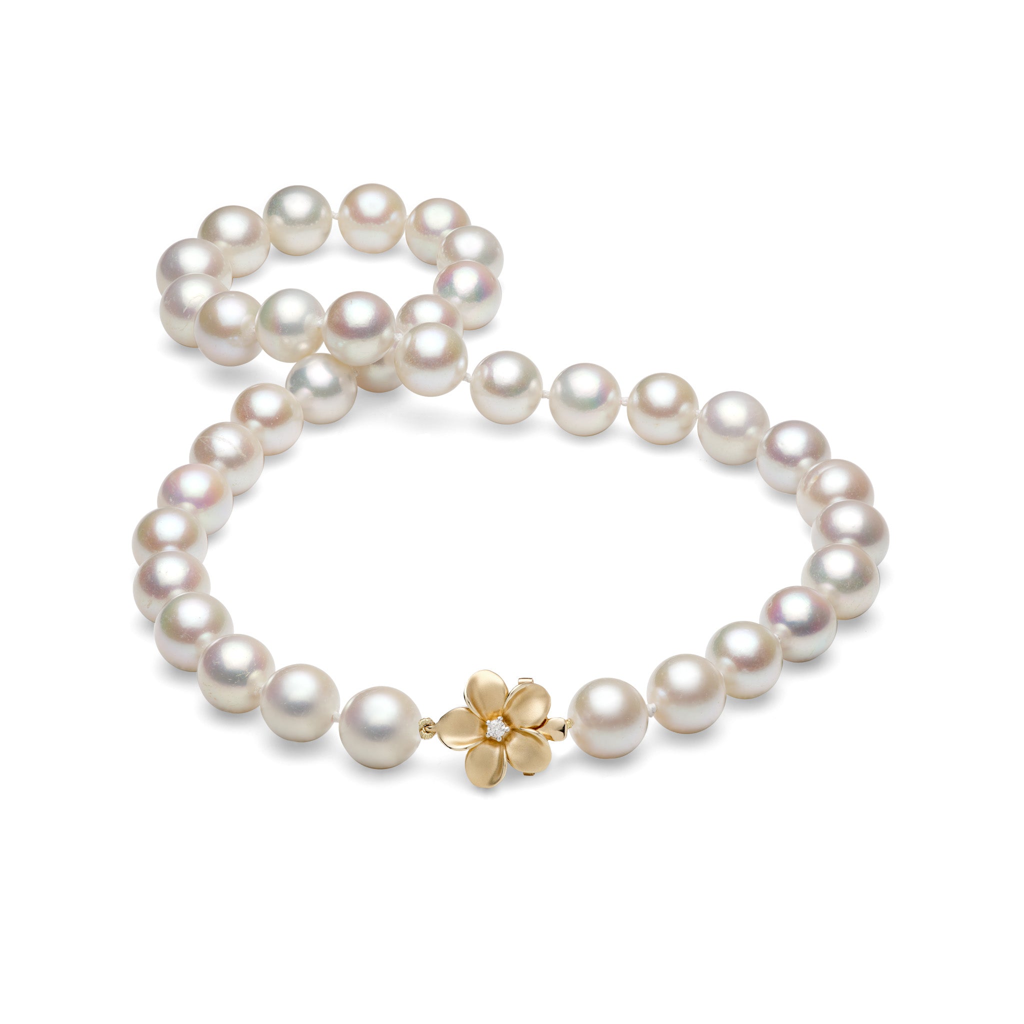 19-20" Freshwater White Pearl Strand with Diamond Plumeria Clasp in Gold - 11-13mm