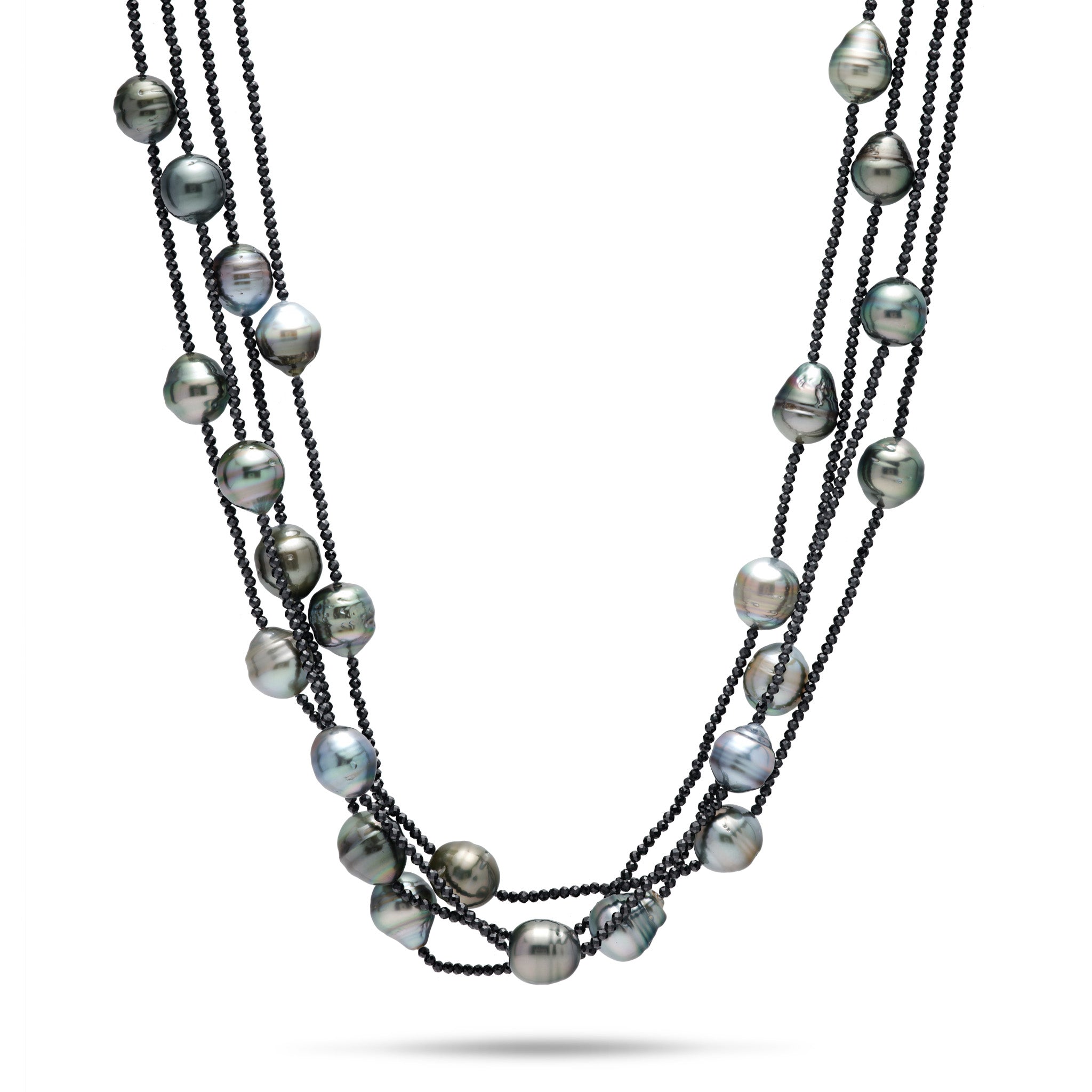 18-20" Tahitian Black Pearl and Black Spinel Four Layer Necklace on a white background