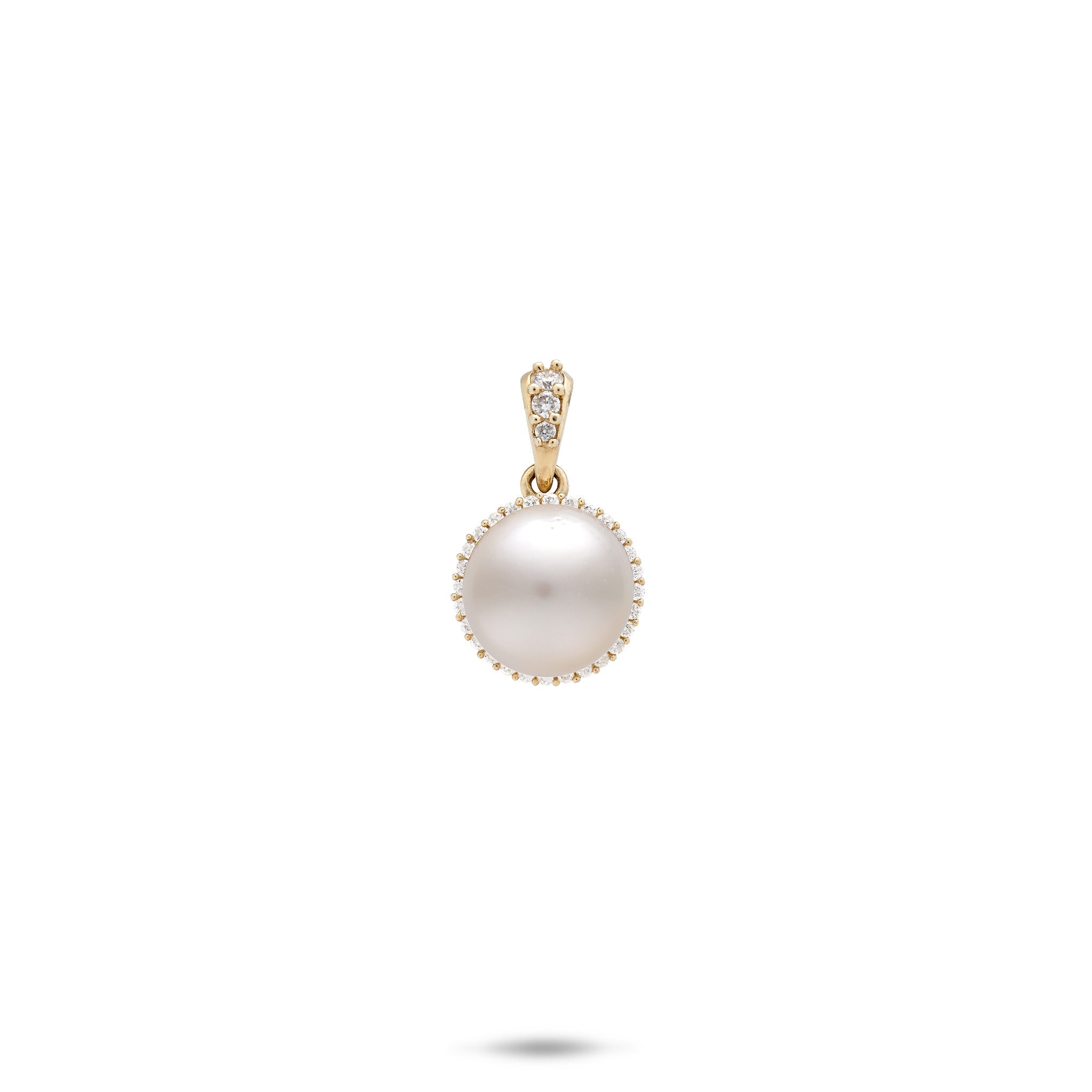 A 14k yellow gold pendant featuring an 8-9mm round Akoya white pearl surrounded by a diamond halo, with a diamond bail, shown on a white background.