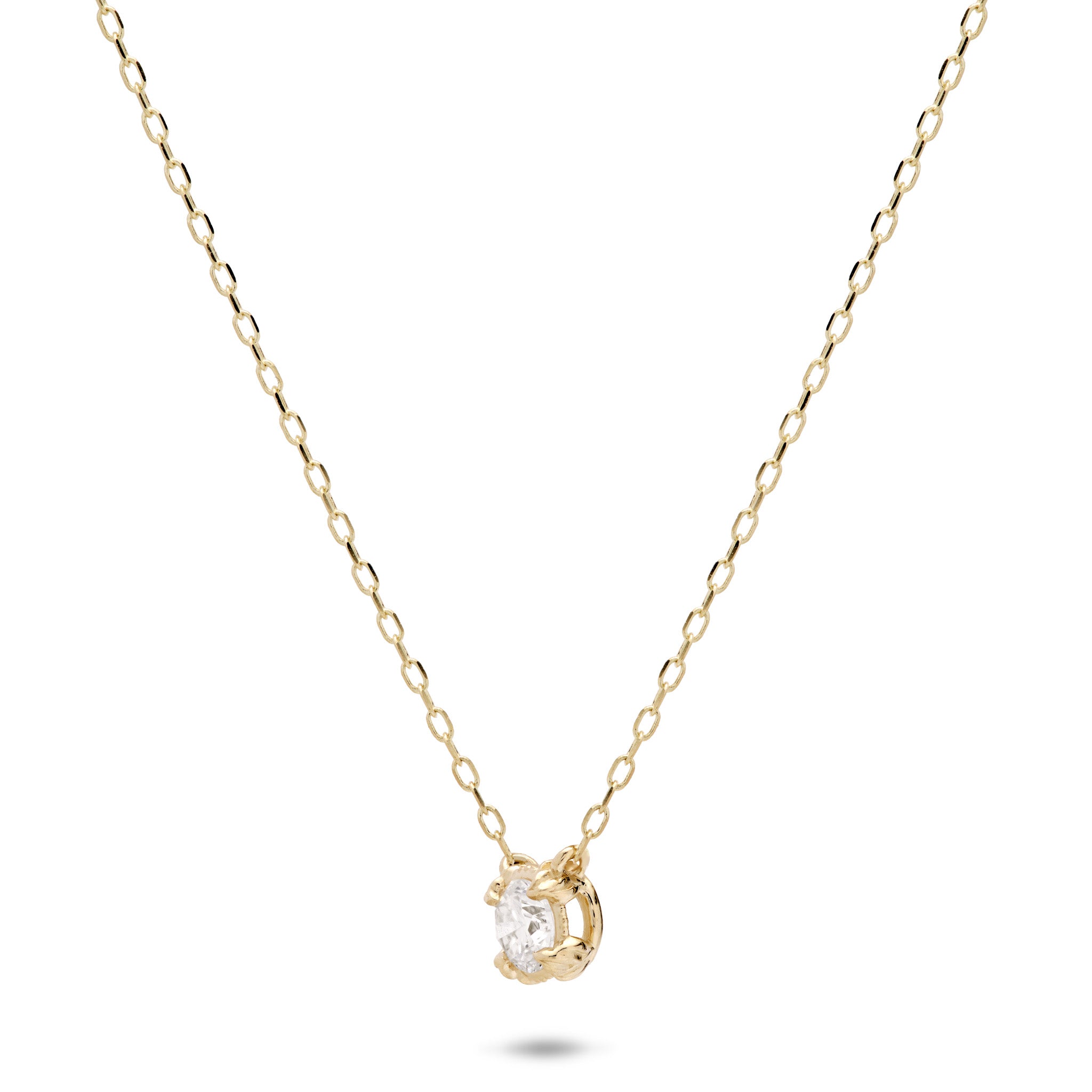 Angle view of a Hidden Hawaiʻi Maile Lab Grown Diamond Necklace in 14k Yellow Gold on a white background