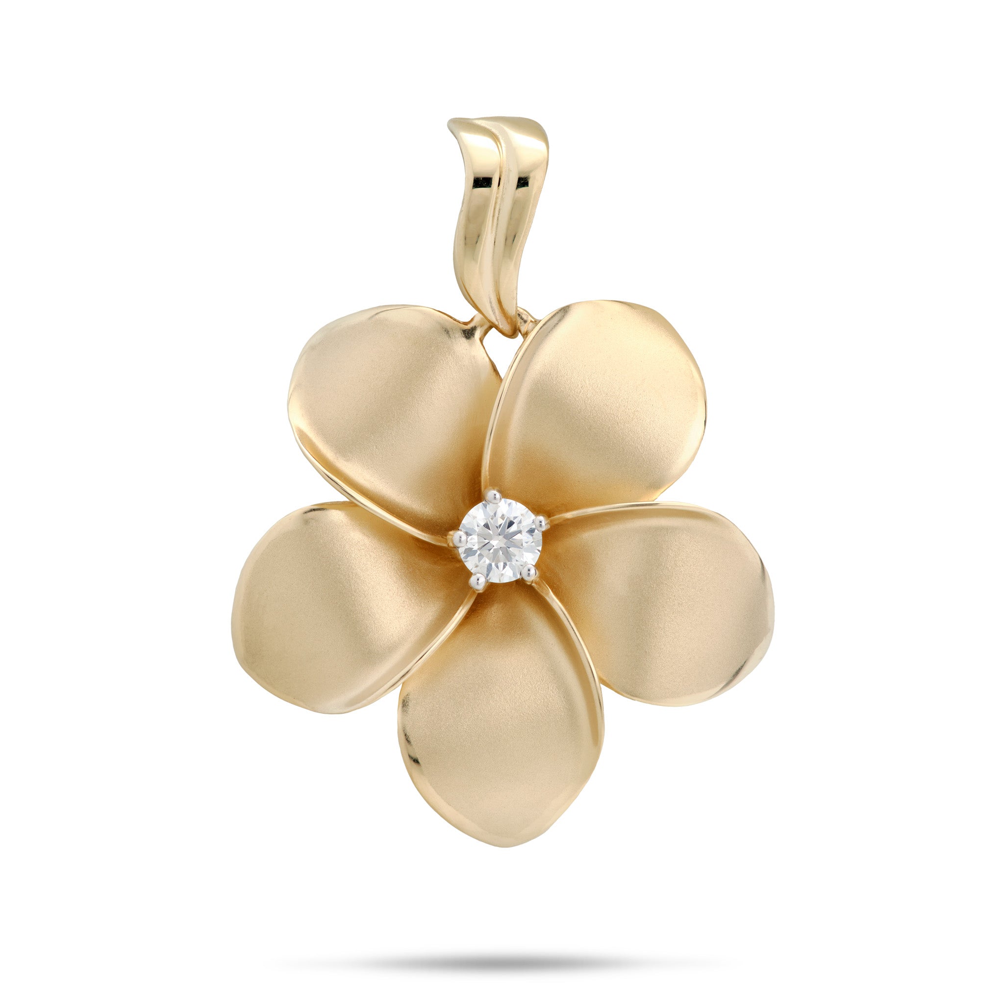 28mm Diamond Plumeria Pendant in 14k Yellow Gold on a white background