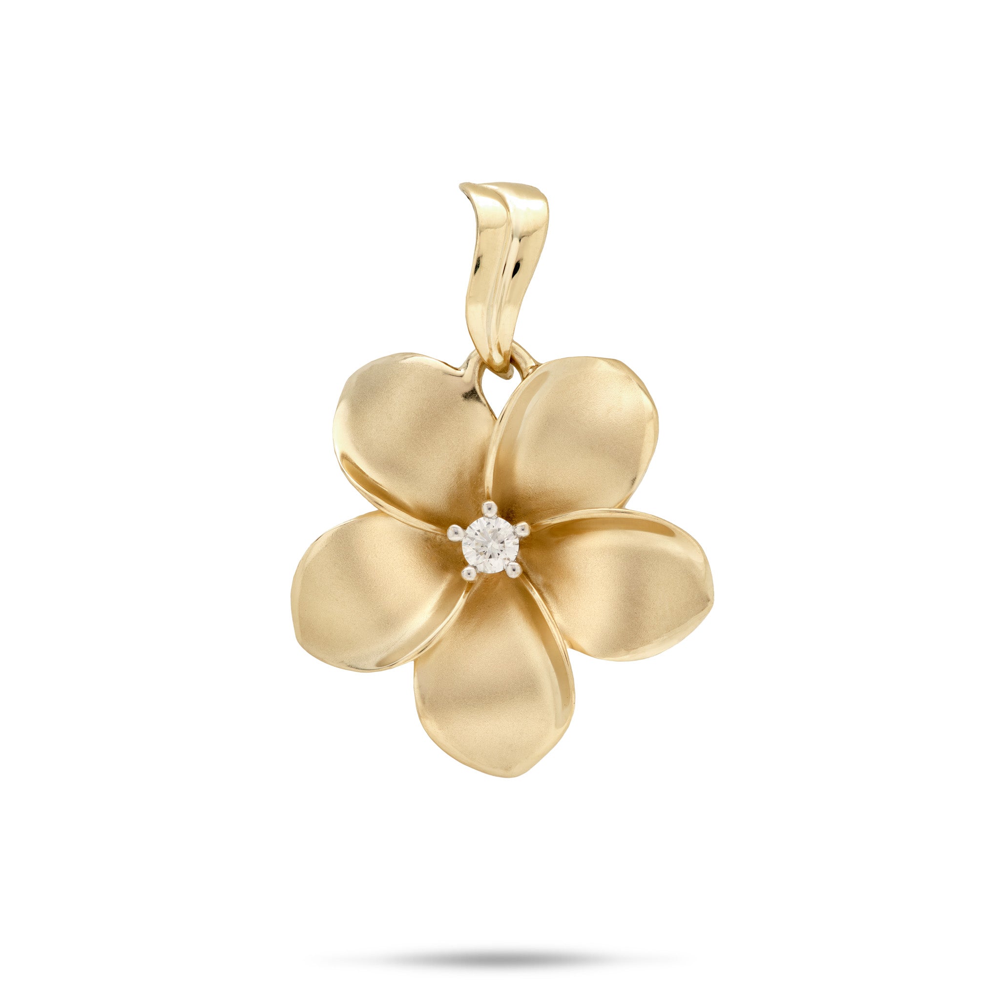 23mm Plumeria Pendant in 14k Yellow Gold with Diamond on a White Background
