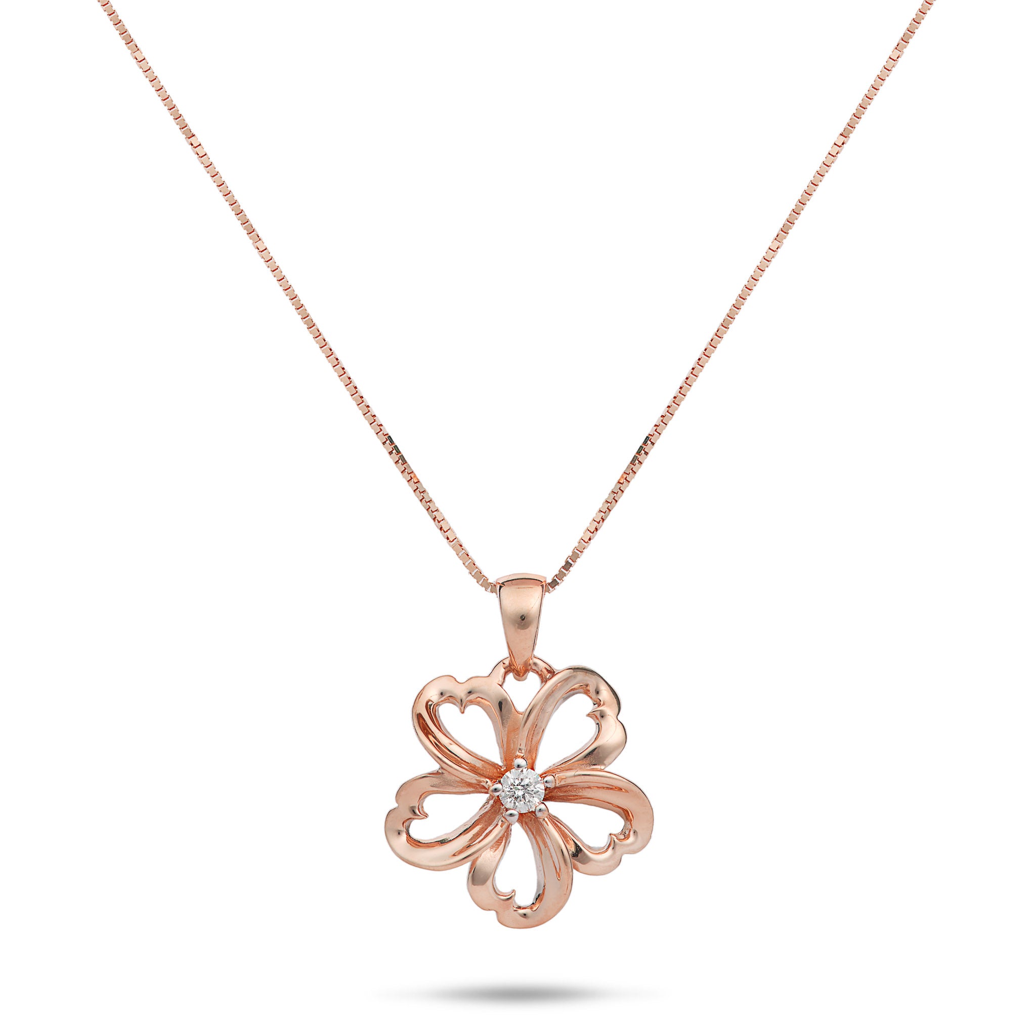 18" Plumeria Pendant Necklace in Rose Gold with Diamond - 14mm