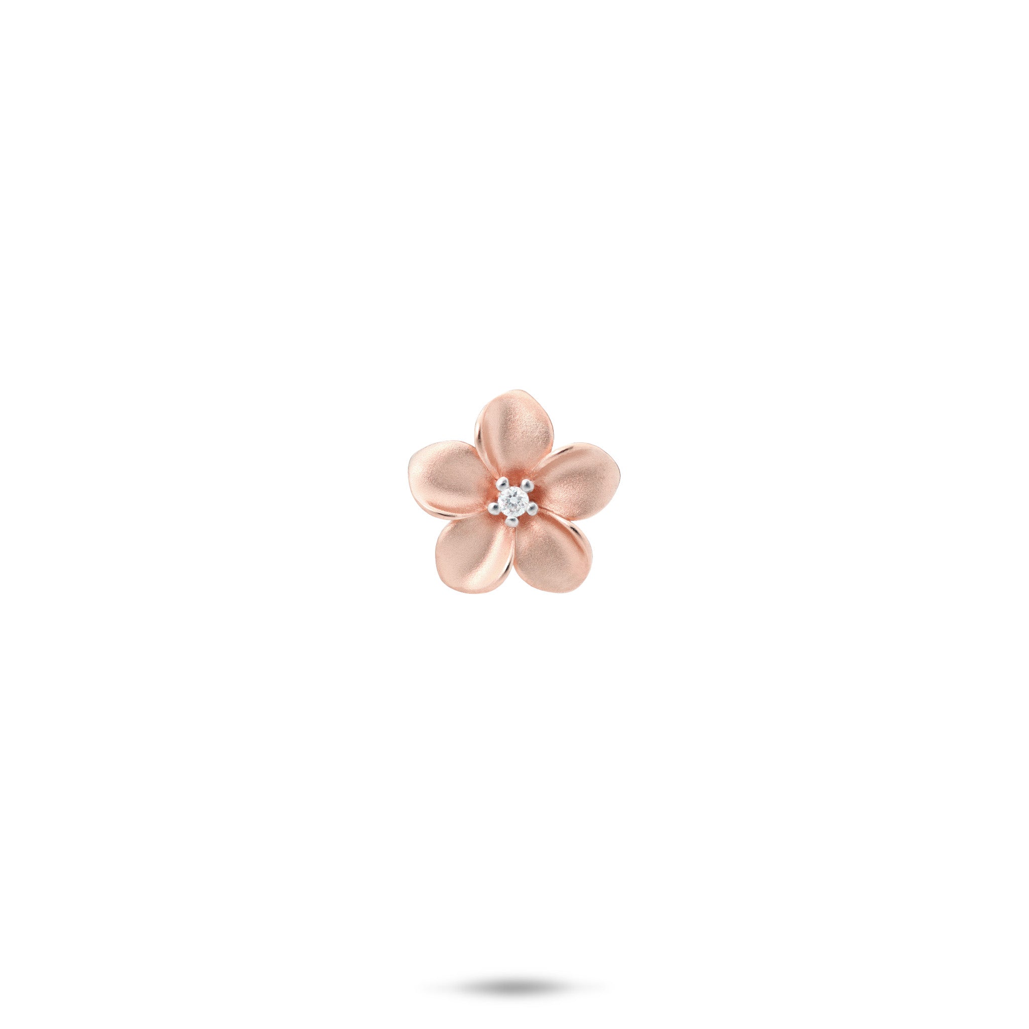 11mm Satin Finish Plumeria Pendant with Diamond Center in 14k Rose Gold on White Background