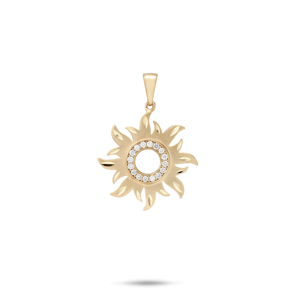 A 17mm Sun Pendant in 14k yellow gold with a satin finish, accented high polish diamond cuts, and a ring of diamonds in the center against a white background.